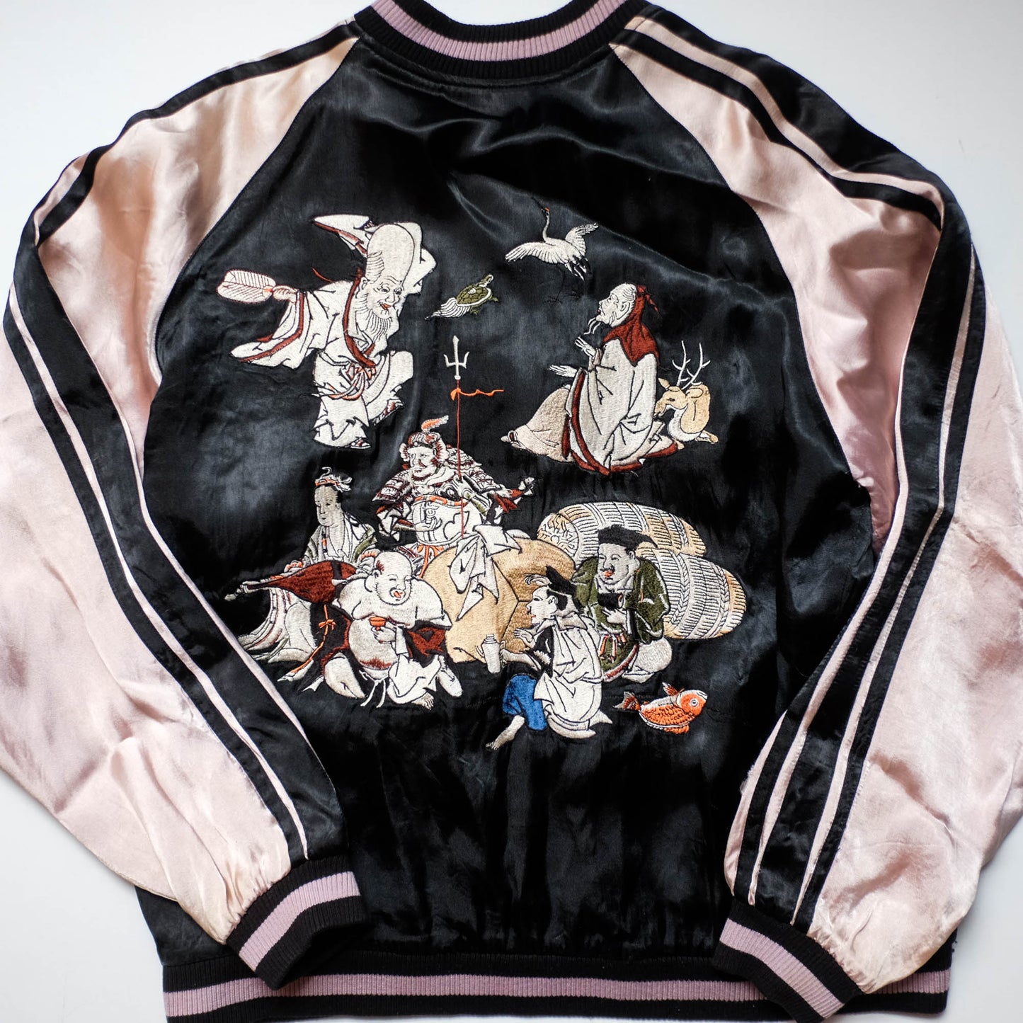 Japanese Seven Lucky Gods Sukajan Jacket Size L | Reversible Floral & Shichifukujin Souvenir Bomber