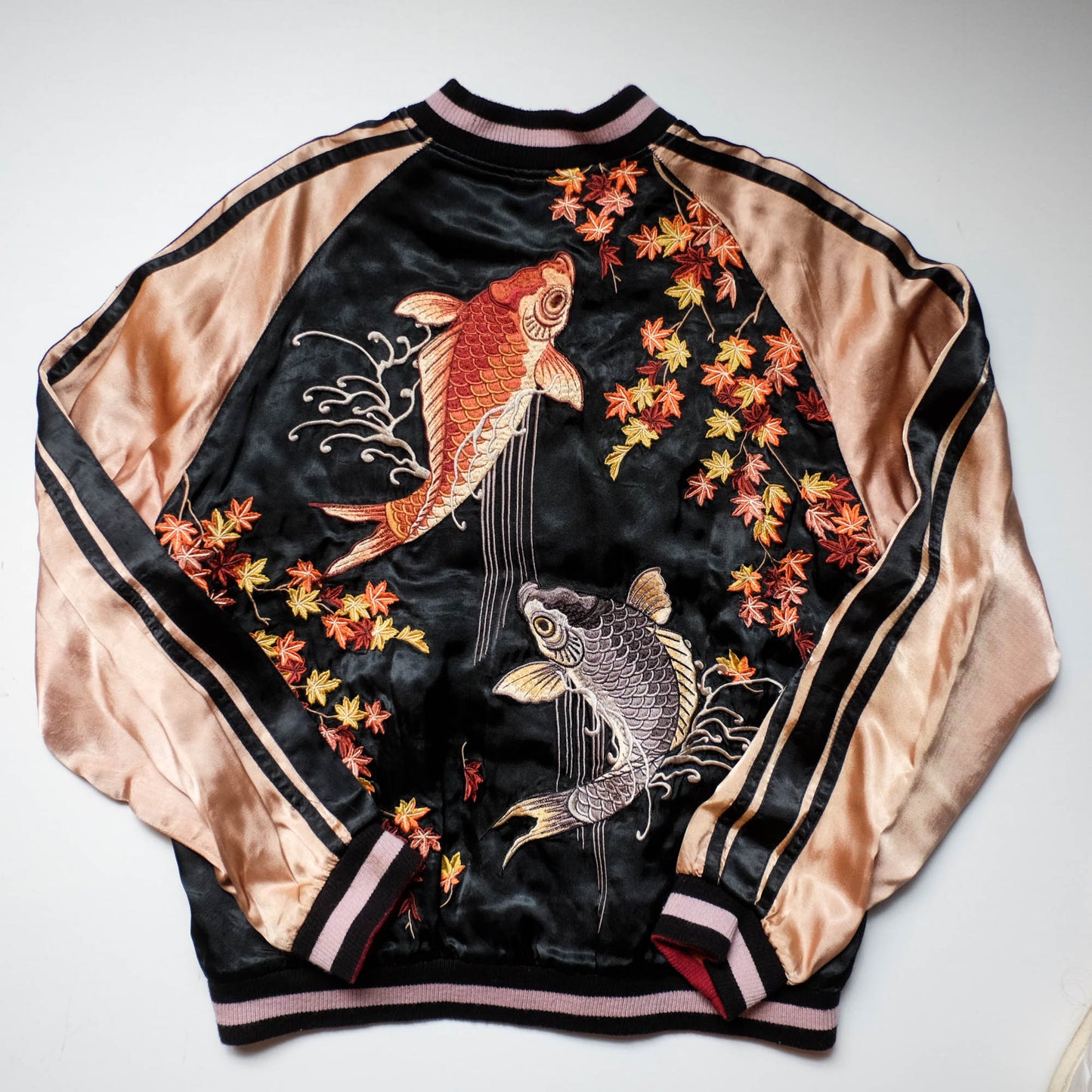 Vintage Reversible Sukajan Jacket Koi Goldfish Maple Sakura Embroidery Black Burgundy Gold Japanese Y2K Bomber L XL