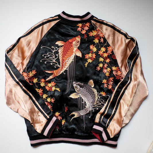Vintage Reversible Sukajan Jacket Koi Goldfish Maple Sakura Embroidery Black Burgundy Gold Japanese Y2K Bomber L XL