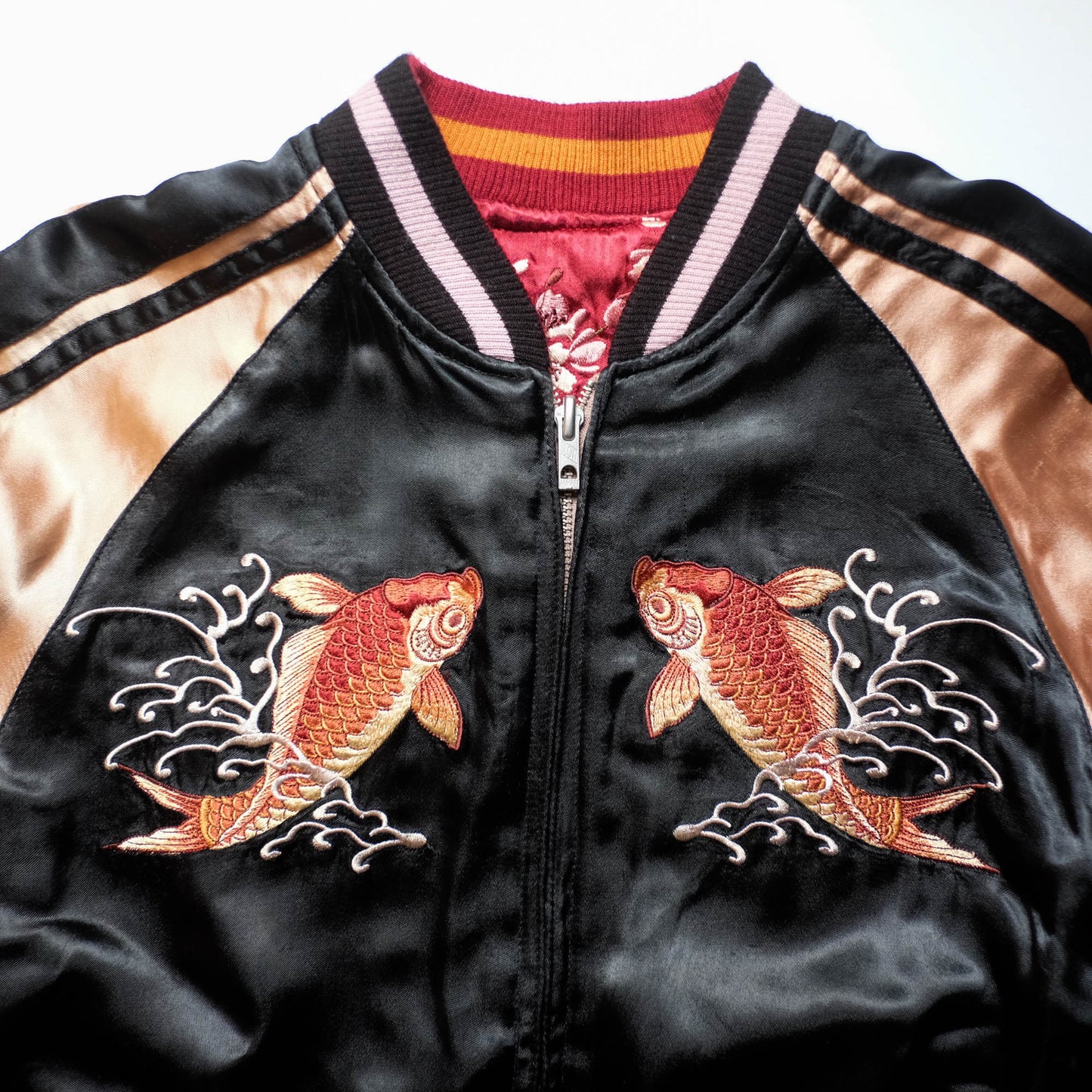 Vintage Reversible Sukajan Jacket Koi Goldfish Maple Sakura Embroidery Black Burgundy Gold Japanese Y2K Bomber L XL