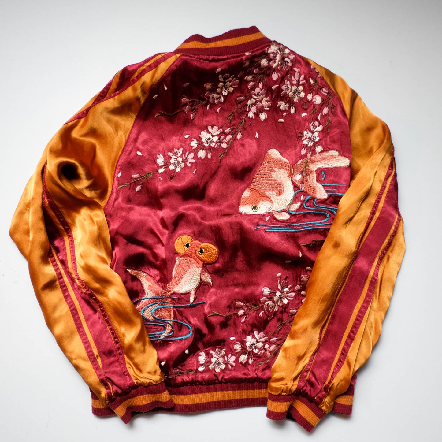 Vintage Reversible Sukajan Jacket Koi Goldfish Maple Sakura Embroidery Black Burgundy Gold Japanese Y2K Bomber L XL