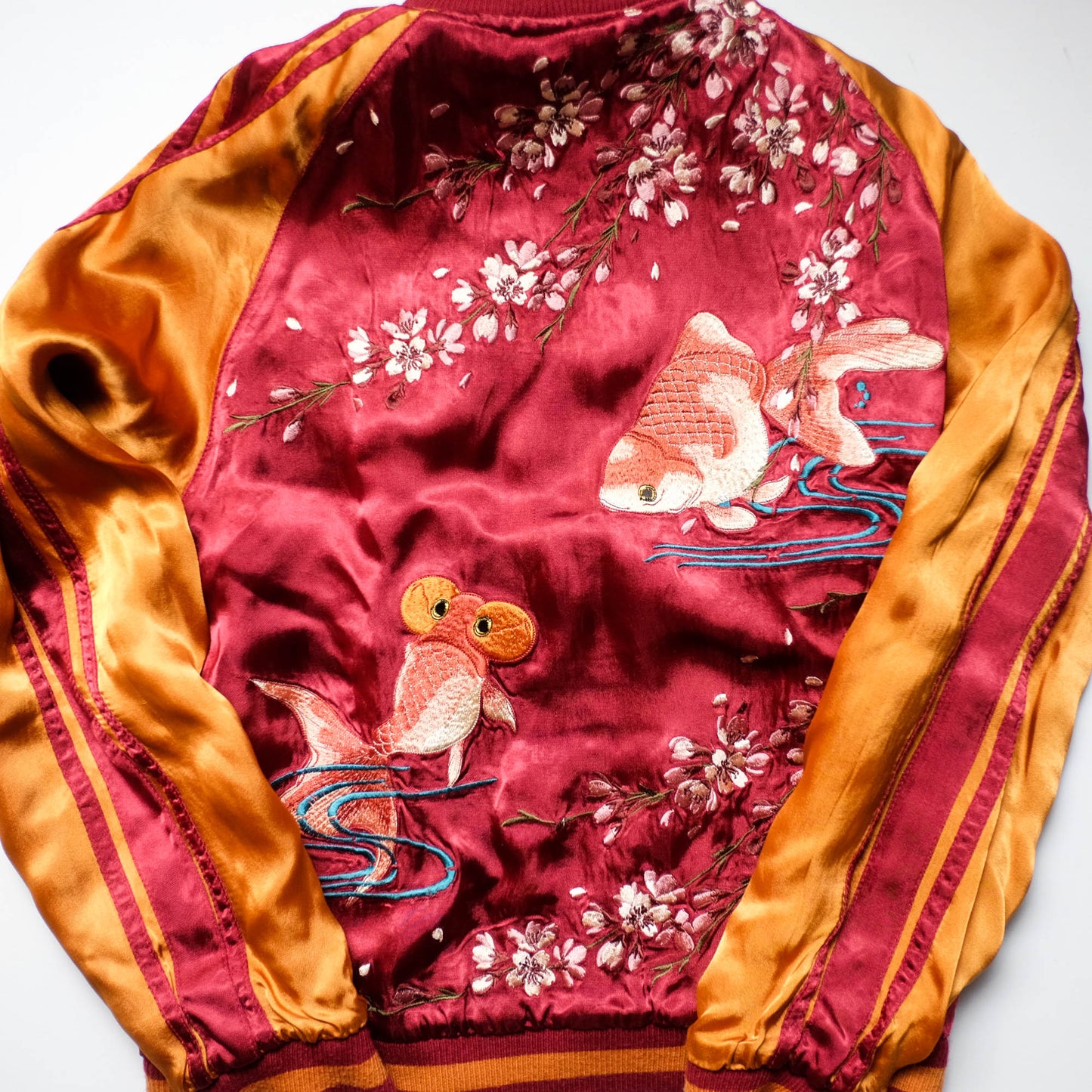 Vintage Reversible Sukajan Jacket Koi Goldfish Maple Sakura Embroidery Black Burgundy Gold Japanese Y2K Bomber L XL