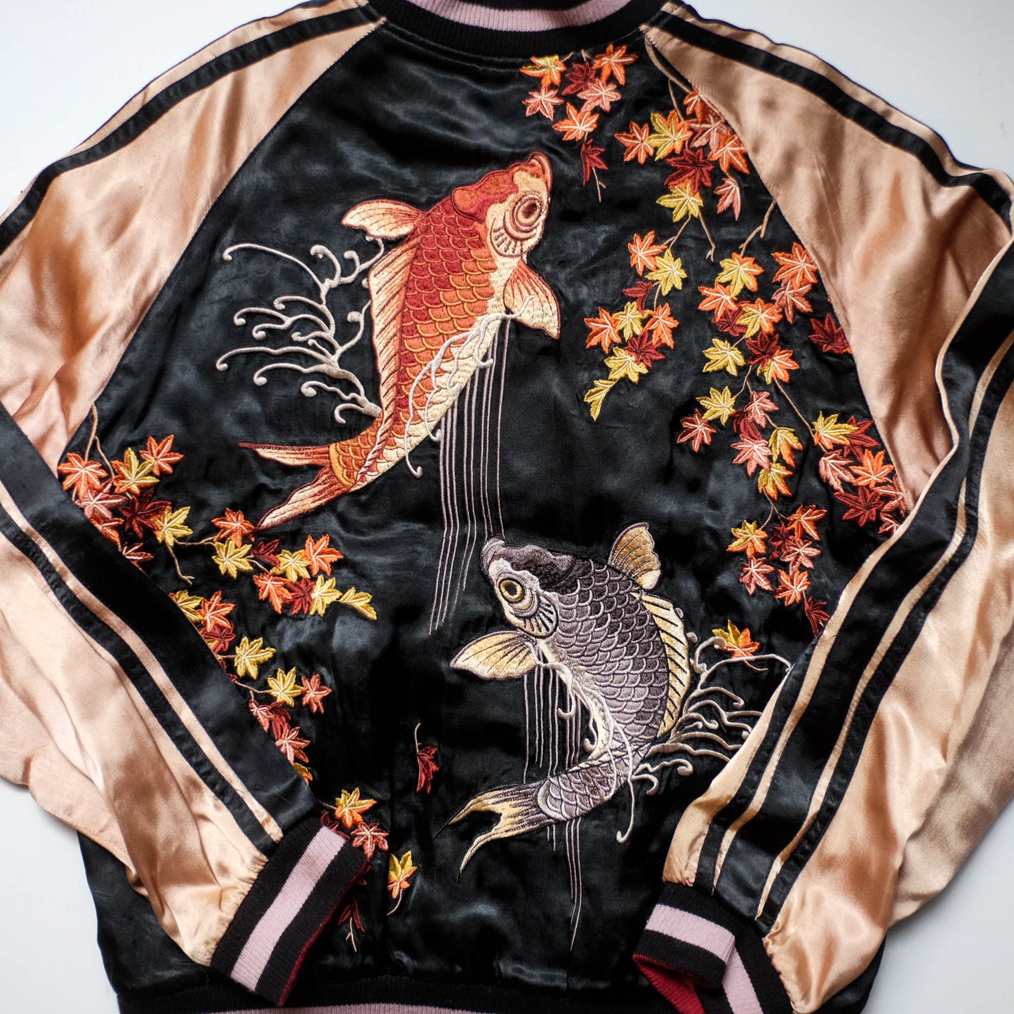 Vintage Reversible Sukajan Jacket Koi Goldfish Maple Sakura Embroidery Black Burgundy Gold Japanese Y2K Bomber L XL