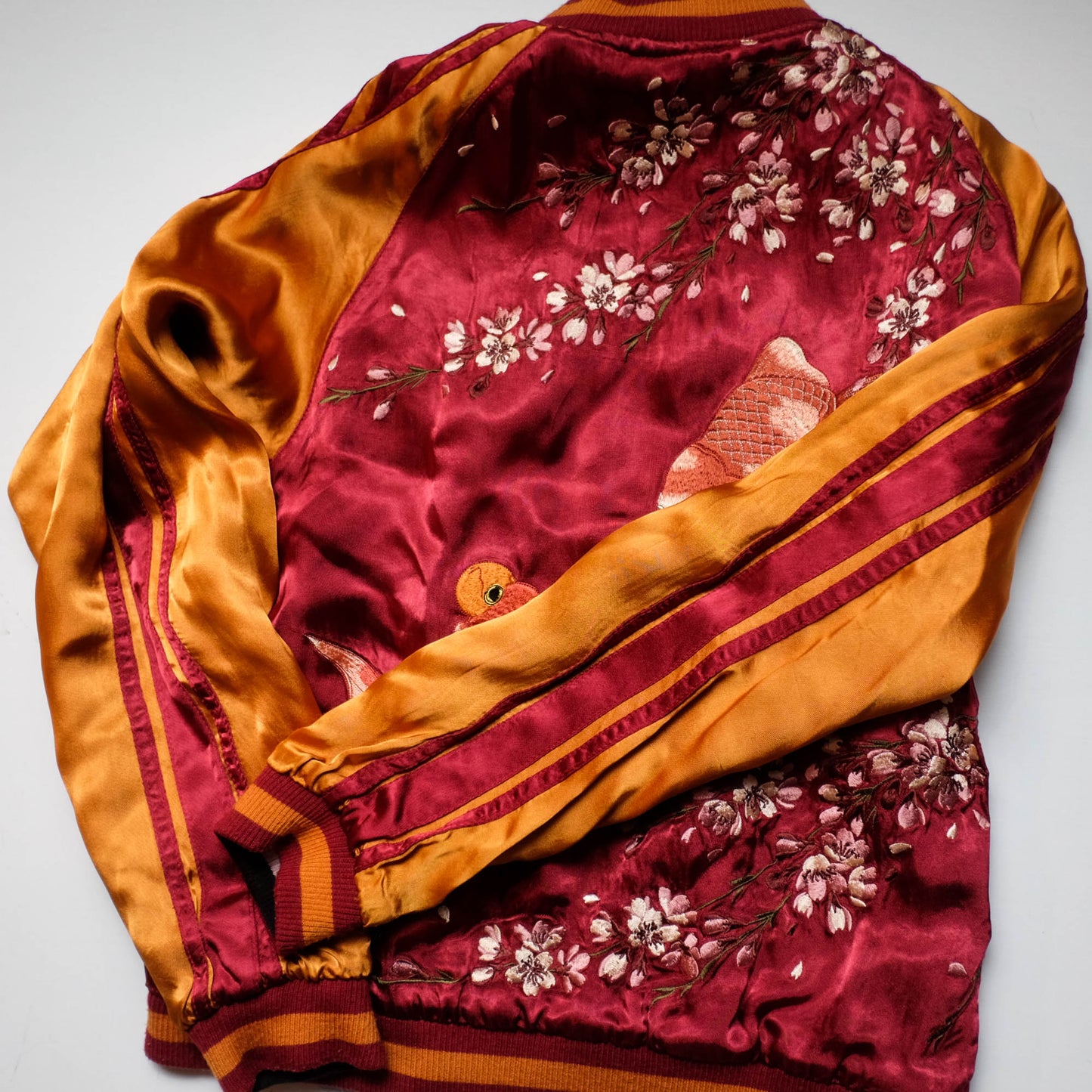 Vintage Reversible Sukajan Jacket Koi Goldfish Maple Sakura Embroidery Black Burgundy Gold Japanese Y2K Bomber L XL