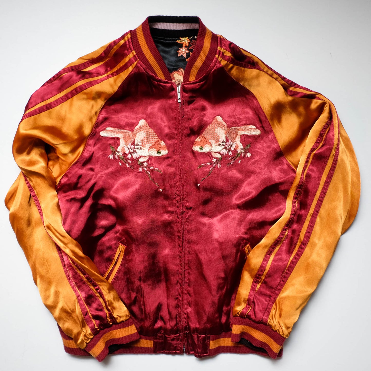 Vintage Reversible Sukajan Jacket Koi Goldfish Maple Sakura Embroidery Black Burgundy Gold Japanese Y2K Bomber L XL