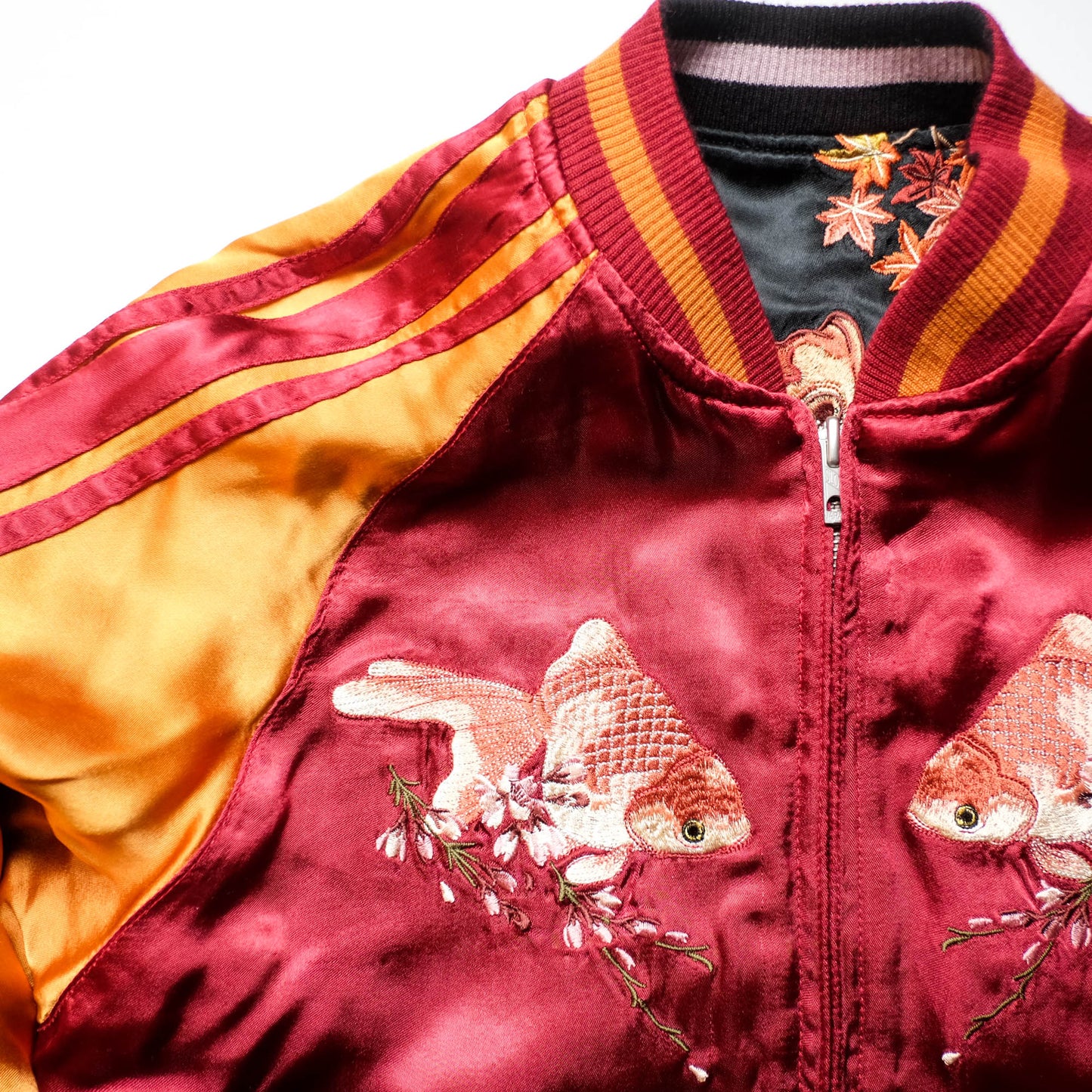 Vintage Reversible Sukajan Jacket Koi Goldfish Maple Sakura Embroidery Black Burgundy Gold Japanese Y2K Bomber L XL