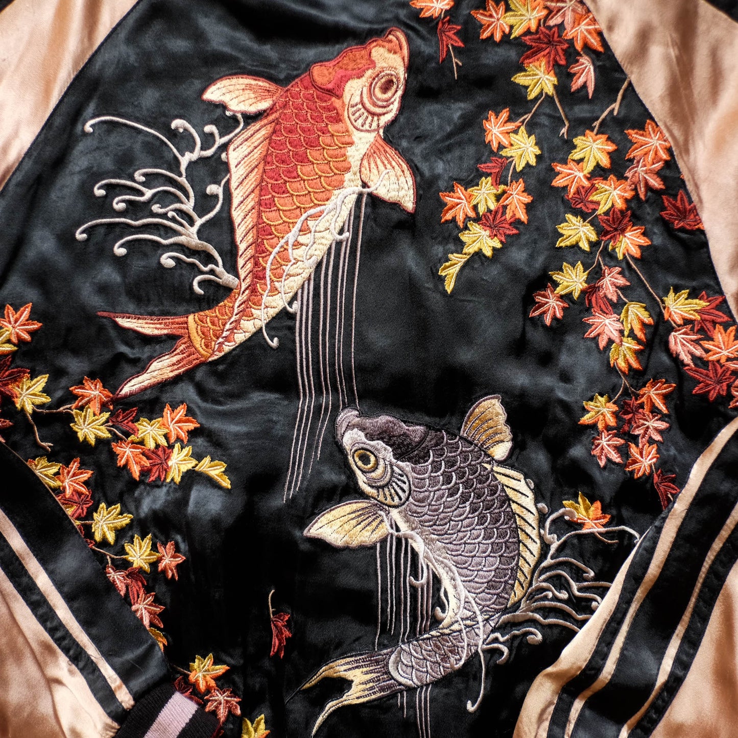 Vintage Reversible Sukajan Jacket Koi Goldfish Maple Sakura Embroidery Black Burgundy Gold Japanese Y2K Bomber L XL