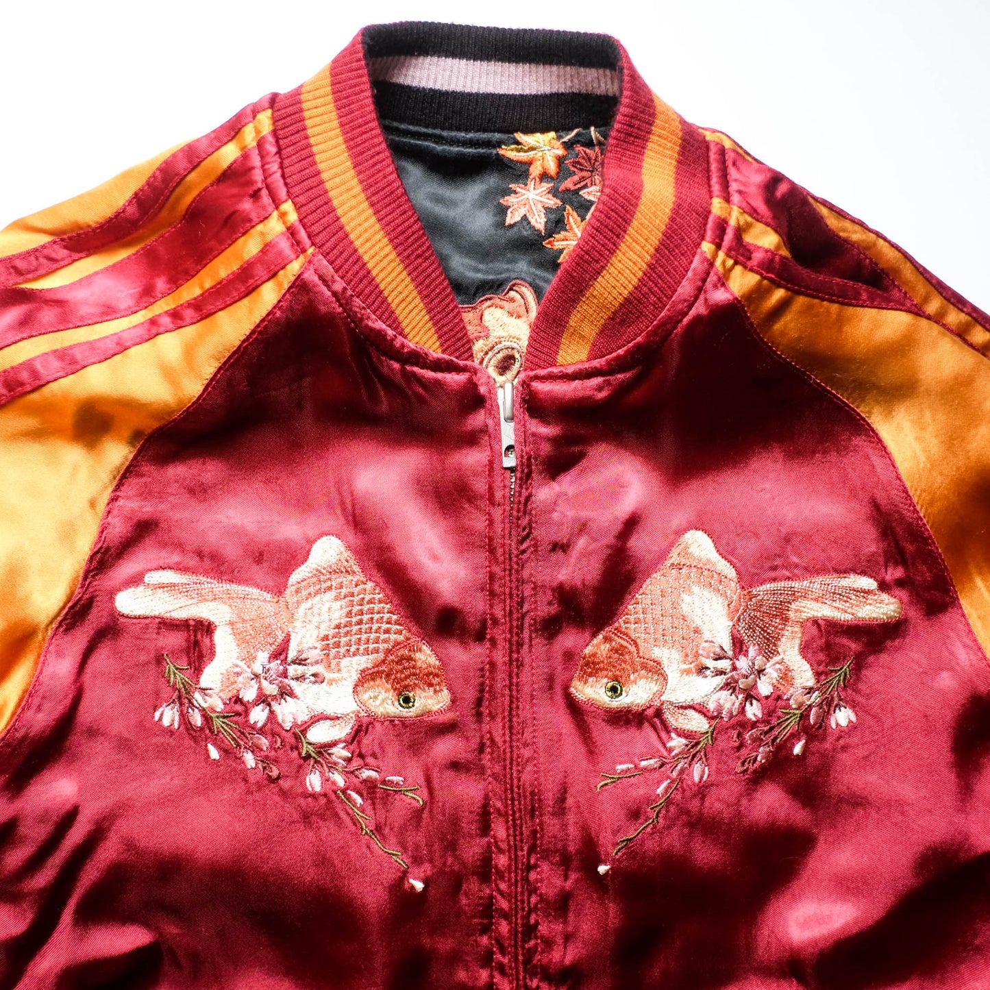 Vintage Reversible Sukajan Jacket Koi Goldfish Maple Sakura Embroidery Black Burgundy Gold Japanese Y2K Bomber L XL