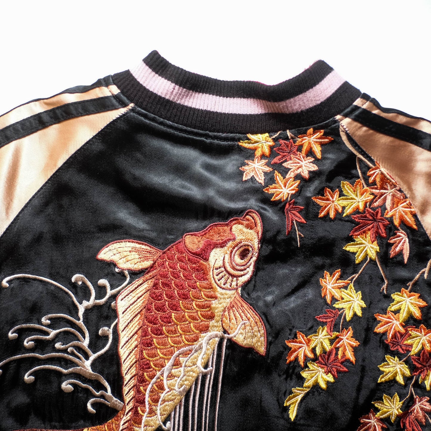 Vintage Reversible Sukajan Jacket Koi Goldfish Maple Sakura Embroidery Black Burgundy Gold Japanese Y2K Bomber L XL