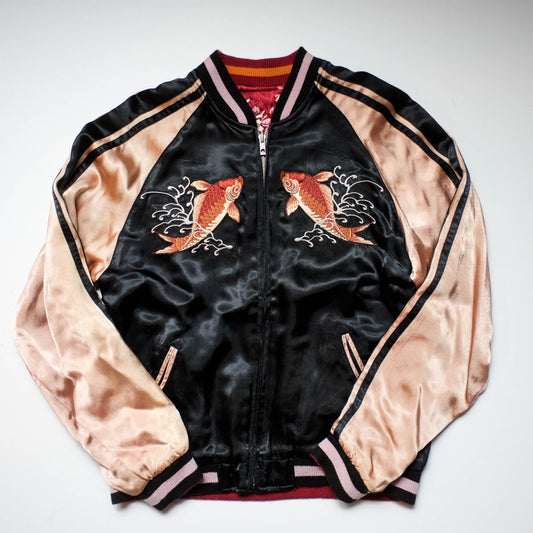 Vintage Reversible Sukajan Jacket Koi Goldfish Maple Sakura Embroidery Black Burgundy Gold Japanese Y2K Bomber L XL