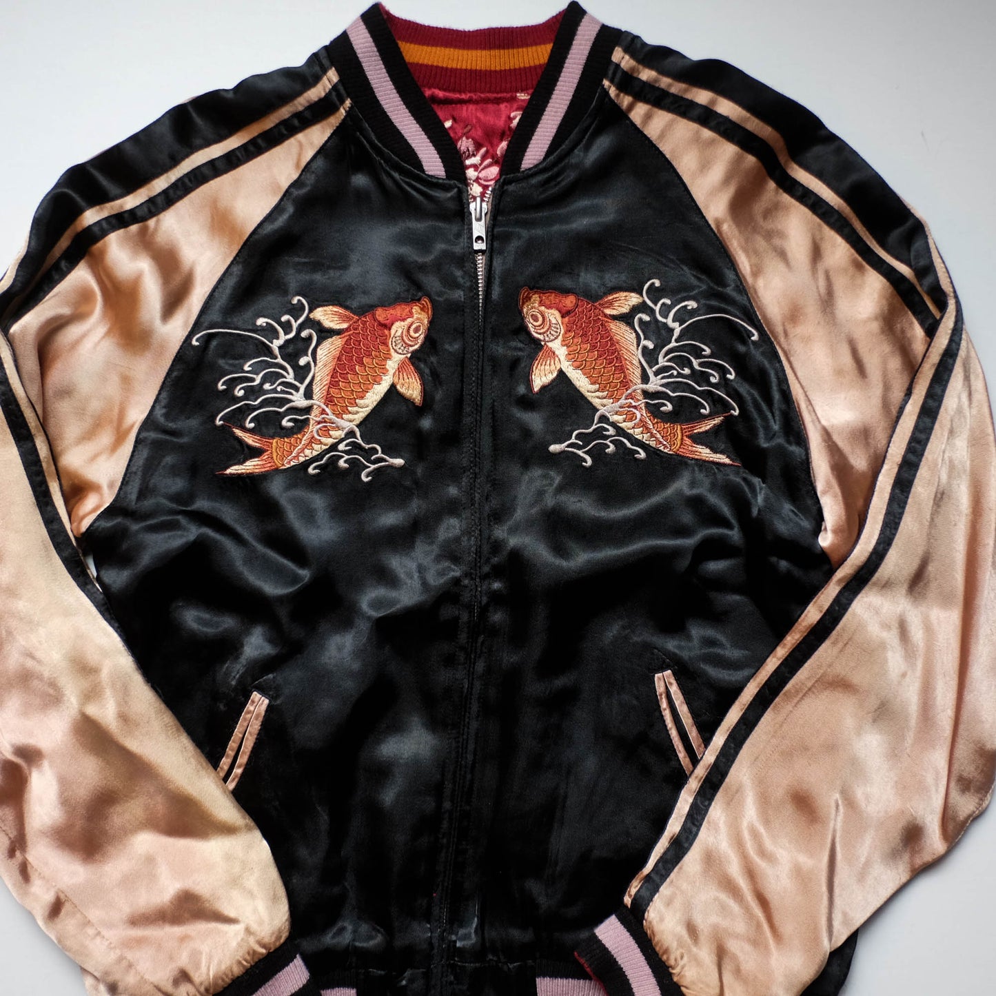Vintage Reversible Sukajan Jacket Koi Goldfish Maple Sakura Embroidery Black Burgundy Gold Japanese Y2K Bomber L XL