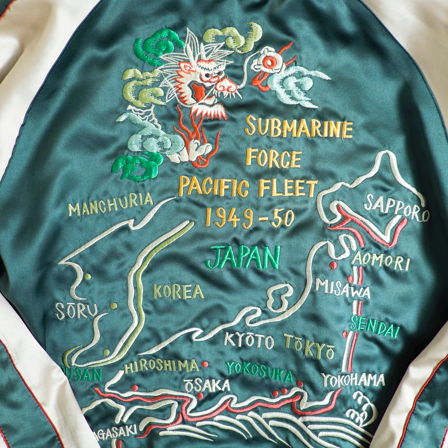 Tailor Toyo Reversible Sukajan White Tiger × Pacific Fleet Japan Map 1949-50 Embroidered Souvenir Jacket