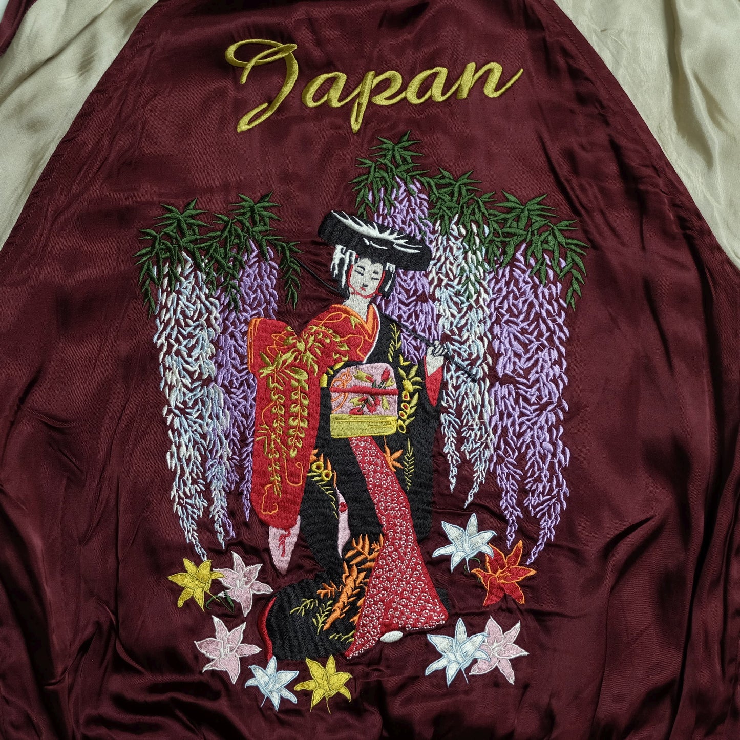 Miyabi Musubi Reversible Sukajan L Japan Map Wisteria Geisha Dragon Embroidered Souvenir Jacket