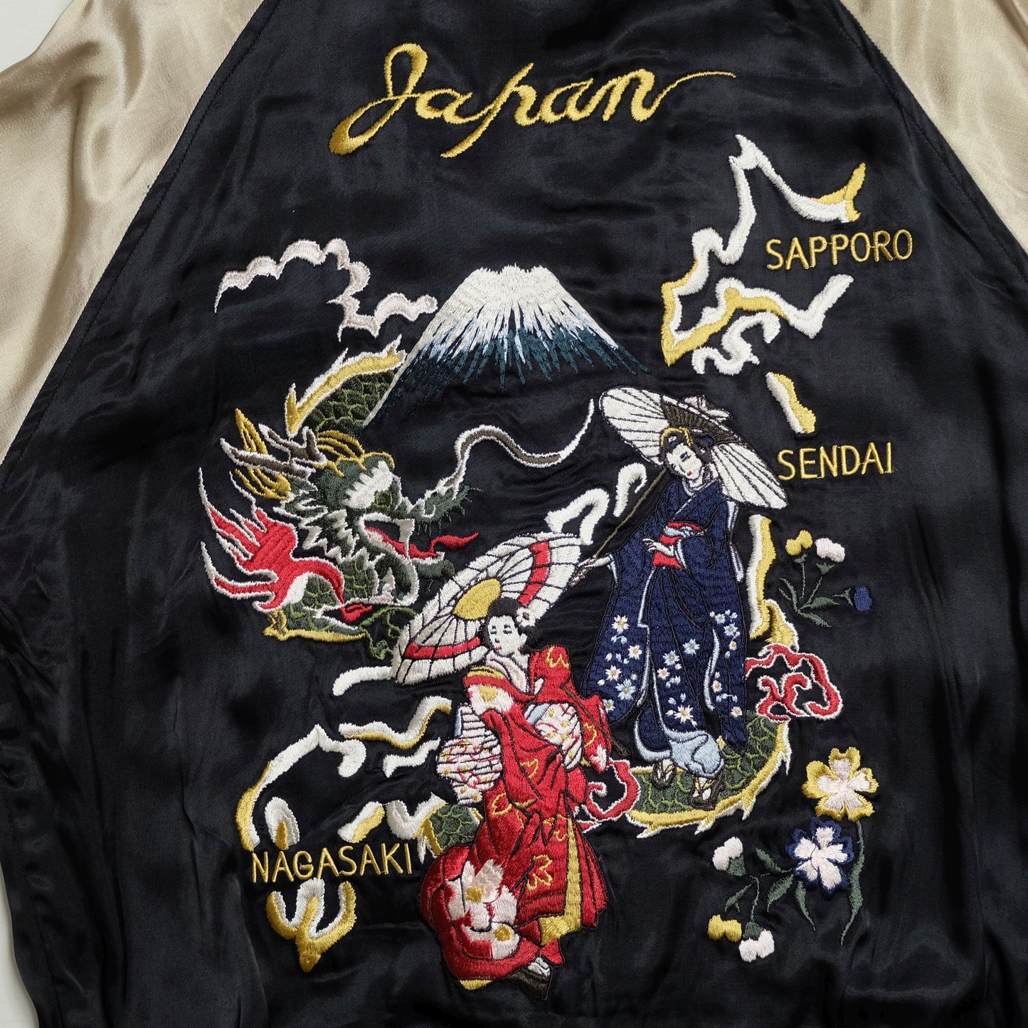 Miyabi Musubi Reversible Sukajan L Japan Map Wisteria Geisha Dragon Embroidered Souvenir Jacket