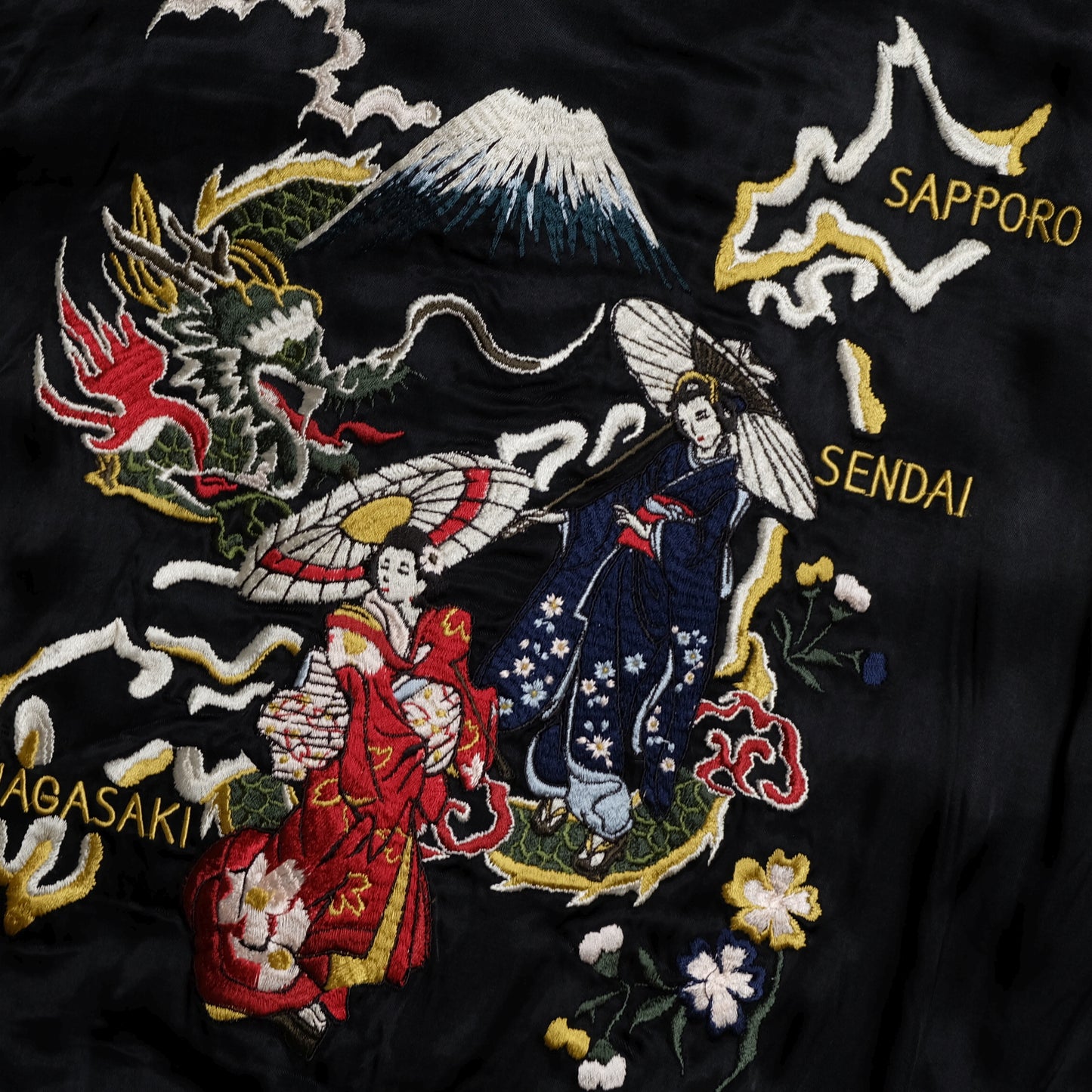 Miyabi Musubi Reversible Sukajan L Japan Map Wisteria Geisha Dragon Embroidered Souvenir Jacket