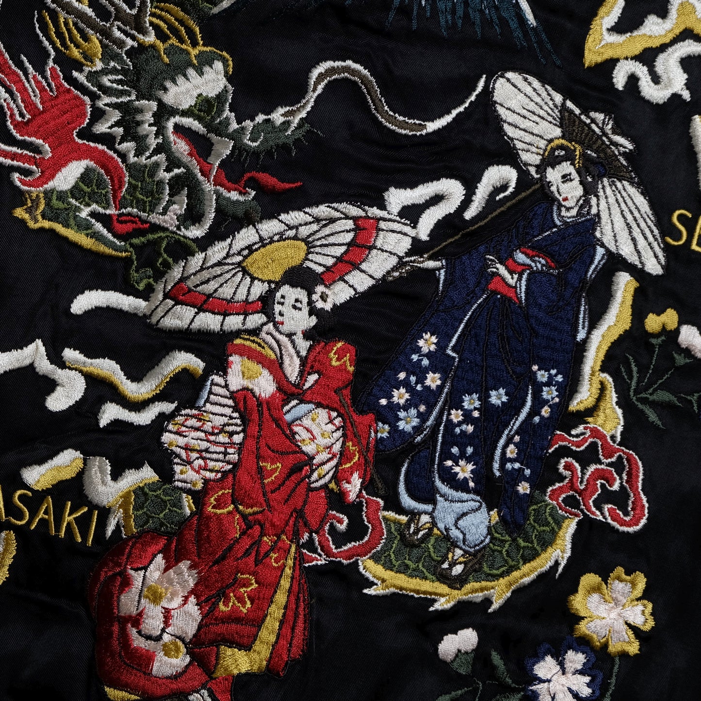 Miyabi Musubi Reversible Sukajan L Japan Map Wisteria Geisha Dragon Embroidered Souvenir Jacket