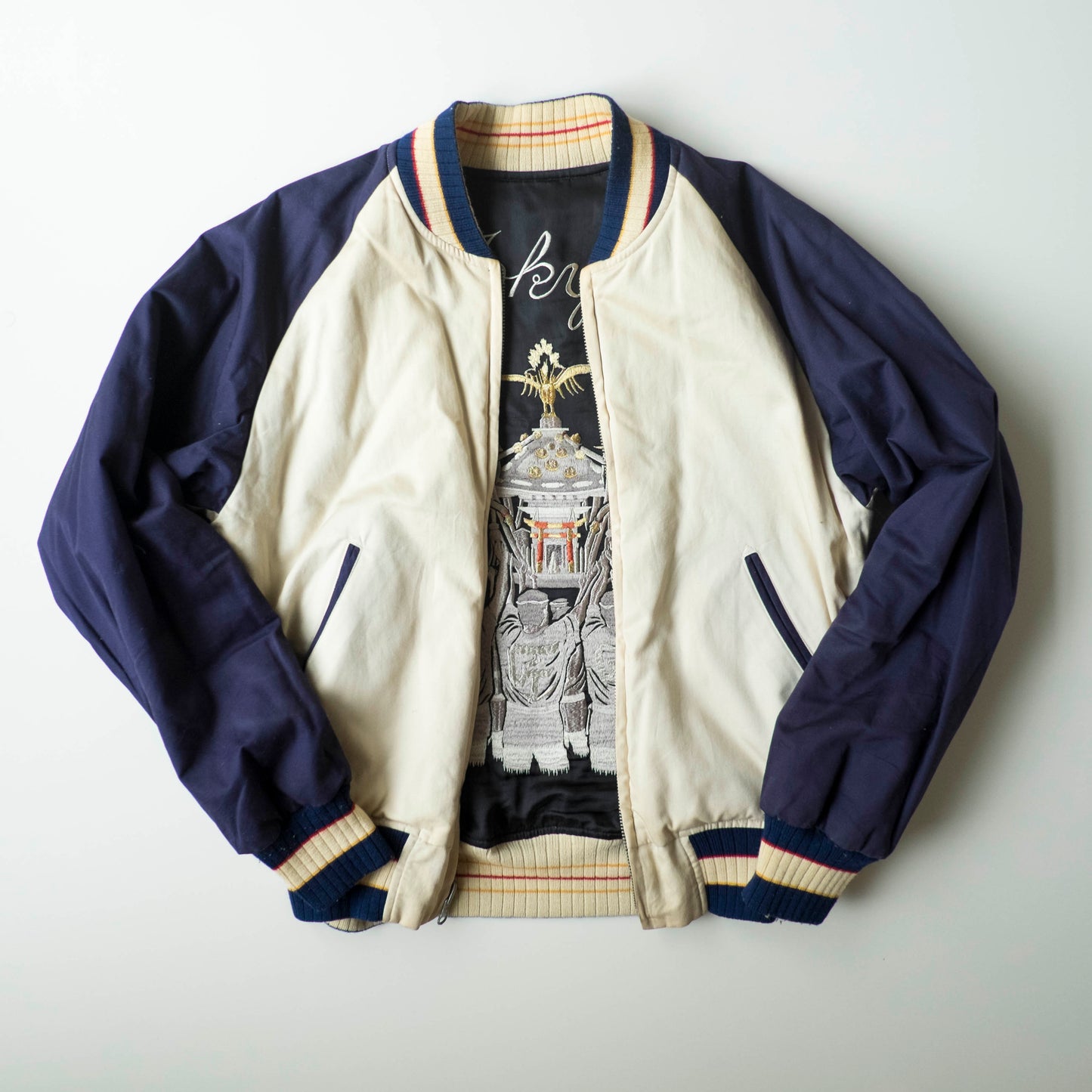The Iconic Japanese Embroidered PHERROW'S Vintage Reversible Sukajan Jacket S Tokyo Matsuri Mikoshi Crane Embroidered Japanese Souvenir Bomber