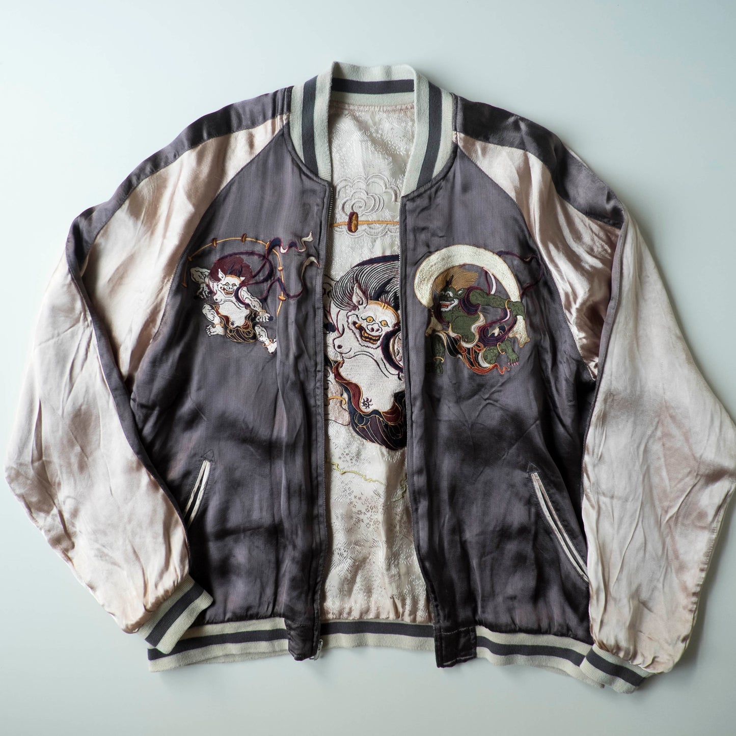 Vintage Reversible Fujin Raijin Sukajan Jacket Japanese Wind Thunder Gods Embroidered Yokosuka Bomber