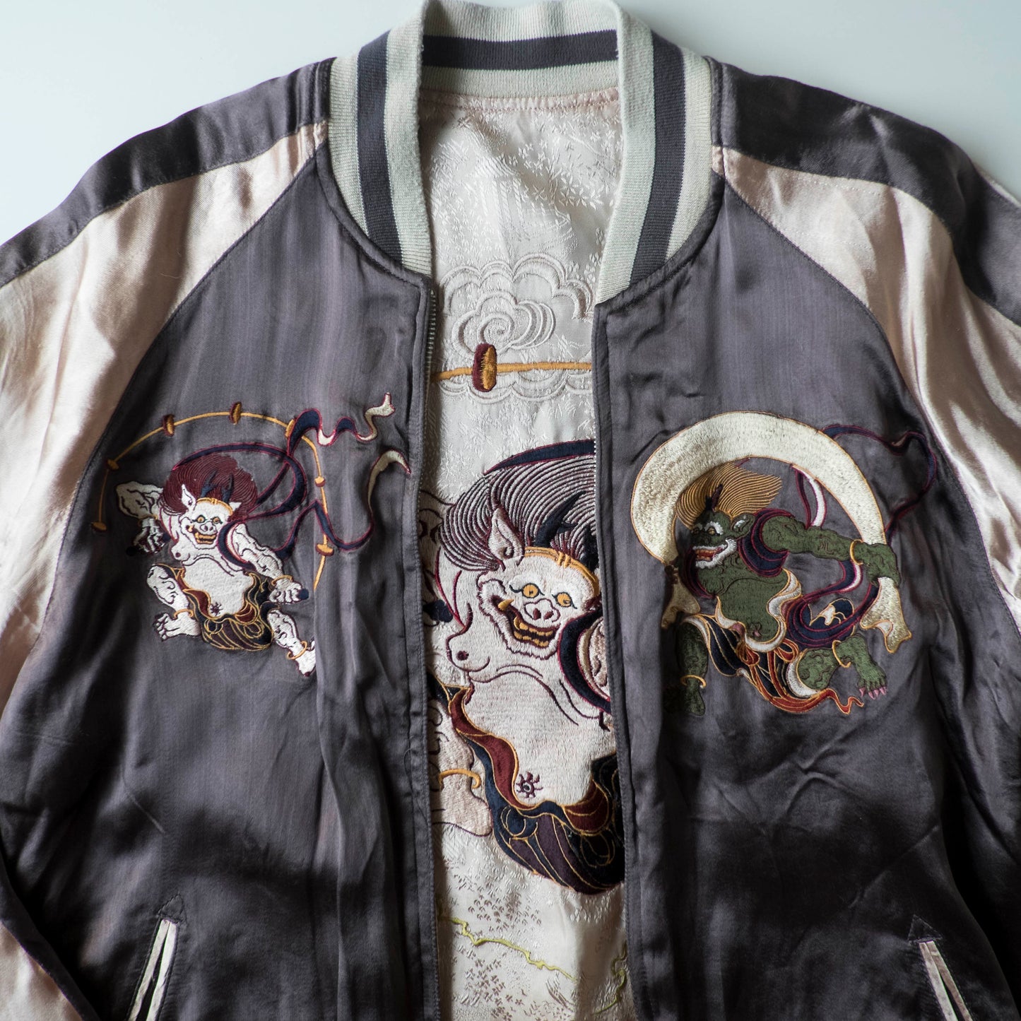 Vintage Reversible Fujin Raijin Sukajan Jacket Japanese Wind Thunder Gods Embroidered Yokosuka Bomber