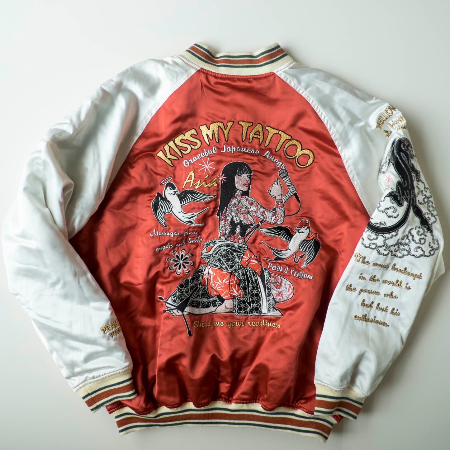 Vintage Tedman Ted Company Peak'd Yellow Kiss My Tattoo Reversible Sukajan Anego Singer Panther Embroidered Japanese Bomber Jacket M-L