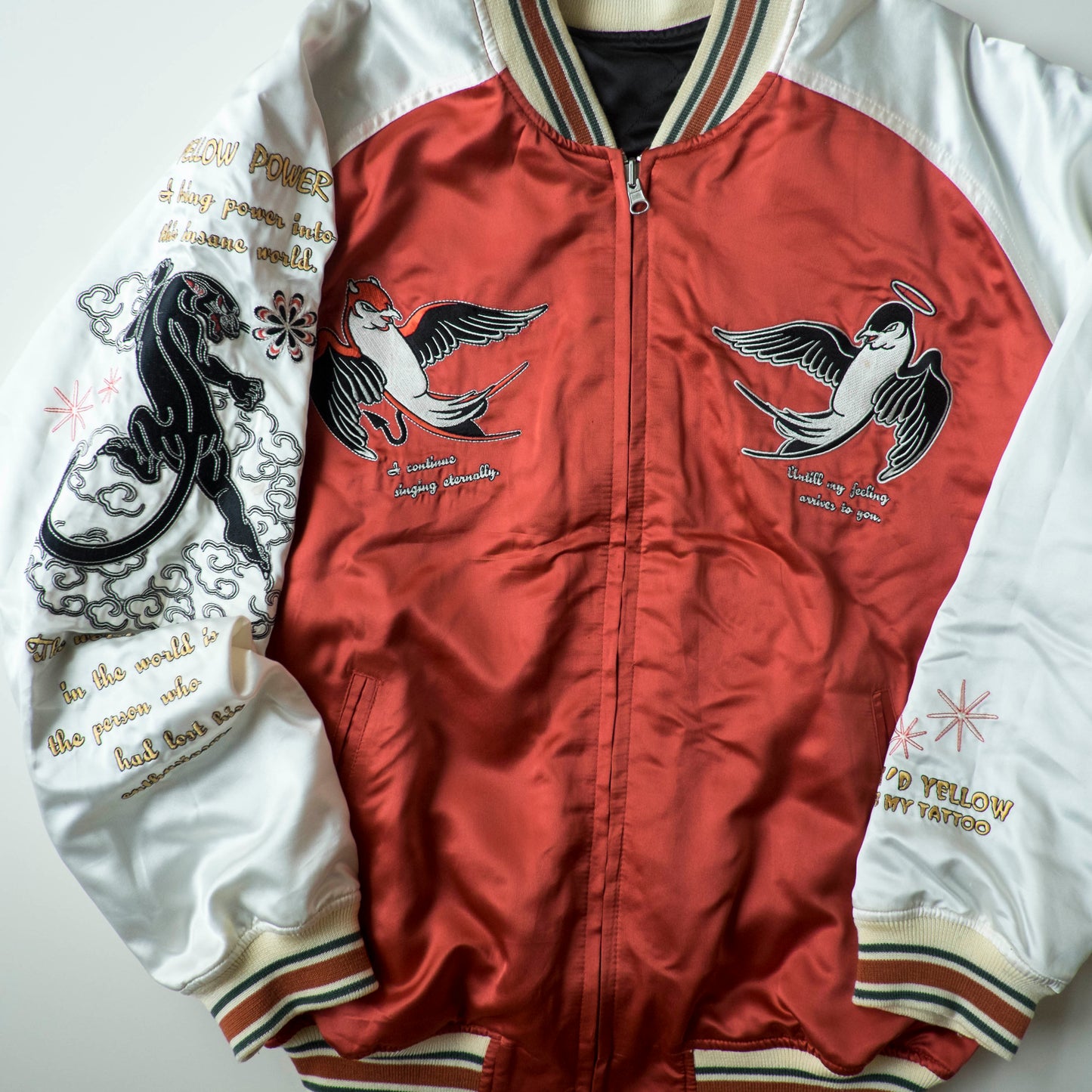 Vintage Tedman Ted Company Peak'd Yellow Kiss My Tattoo Reversible Sukajan Anego Singer Panther Embroidered Japanese Bomber Jacket M-L