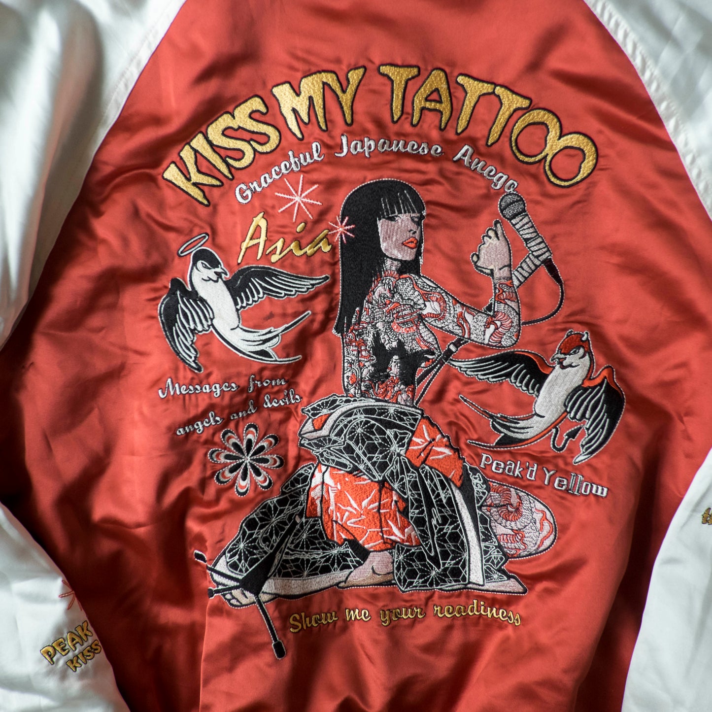 Vintage Tedman Ted Company Peak'd Yellow Kiss My Tattoo Reversible Sukajan Anego Singer Panther Embroidered Japanese Bomber Jacket M-L