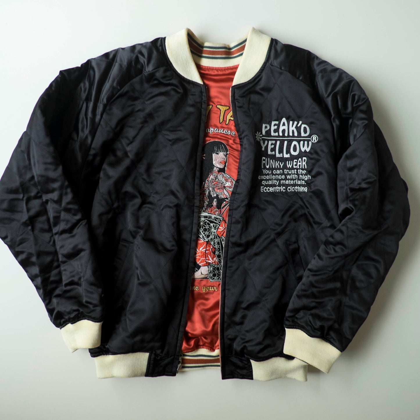 Vintage Tedman Ted Company Peak'd Yellow Kiss My Tattoo Reversible Sukajan Anego Singer Panther Embroidered Japanese Bomber Jacket M-L