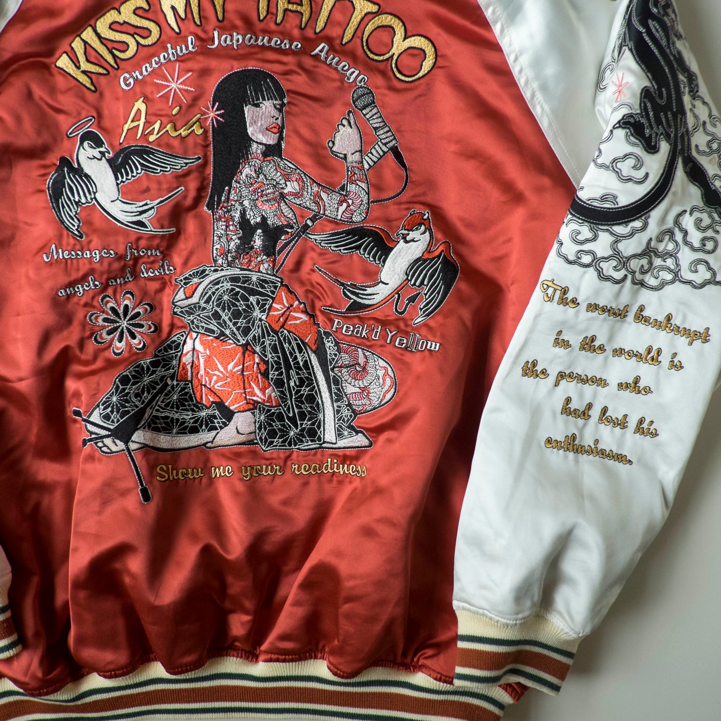 Vintage Tedman Ted Company Peak'd Yellow Kiss My Tattoo Reversible Sukajan Anego Singer Panther Embroidered Japanese Bomber Jacket M-L
