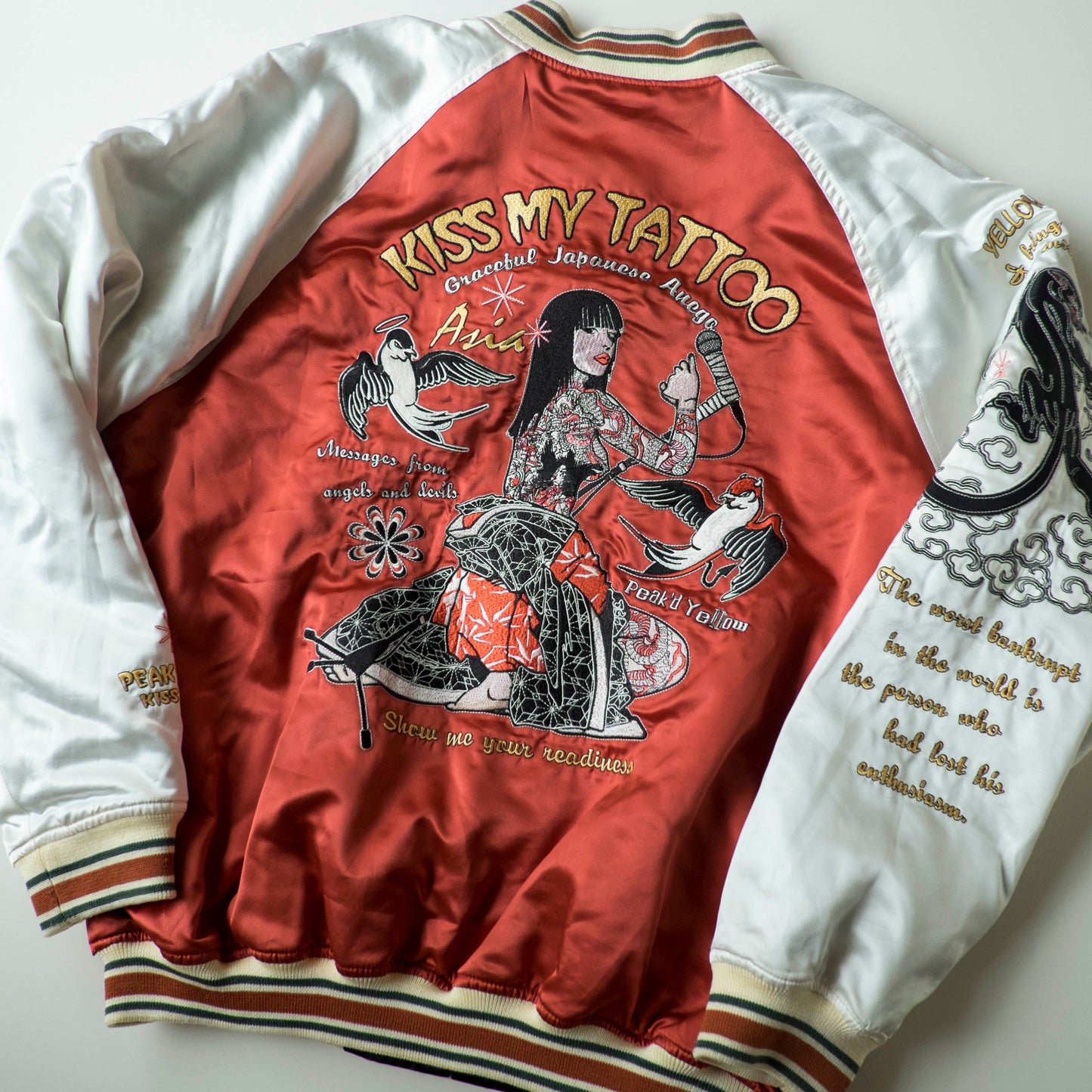 Vintage Tedman Ted Company Peak'd Yellow Kiss My Tattoo Reversible Sukajan Anego Singer Panther Embroidered Japanese Bomber Jacket M-L