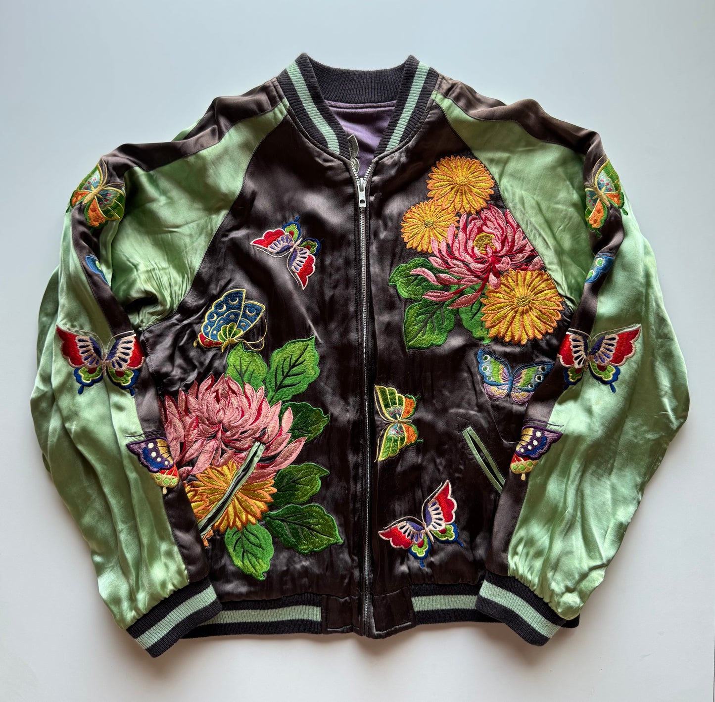 Reversible Butterfly Chrysanthemum Sukajan Jacket Size M Japanese Embroidered Satin Souvenir Bomber Mint Green Purple