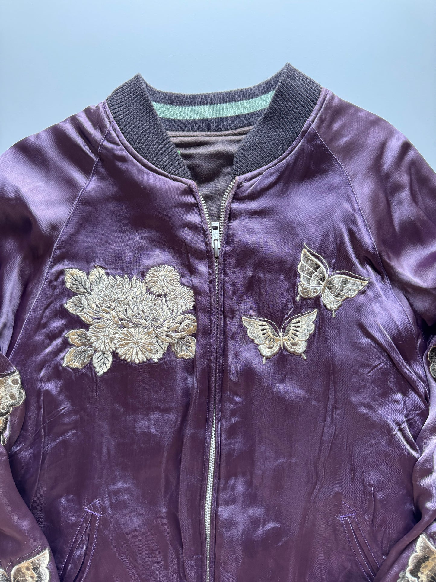 Reversible Butterfly Chrysanthemum Sukajan Jacket Size M Japanese Embroidered Satin Souvenir Bomber Mint Green Purple