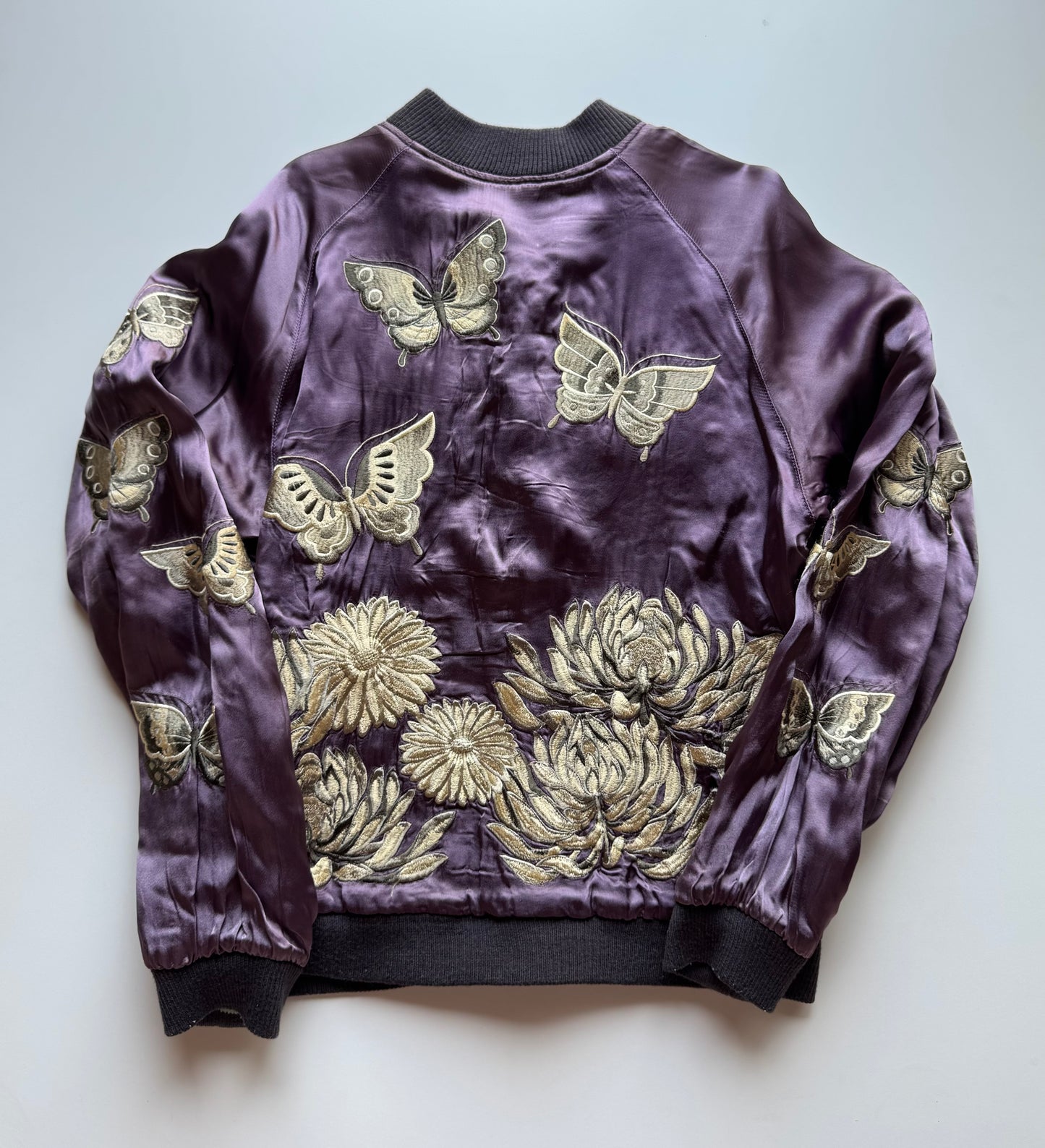 Reversible Butterfly Chrysanthemum Sukajan Jacket Size M Japanese Embroidered Satin Souvenir Bomber Mint Green Purple