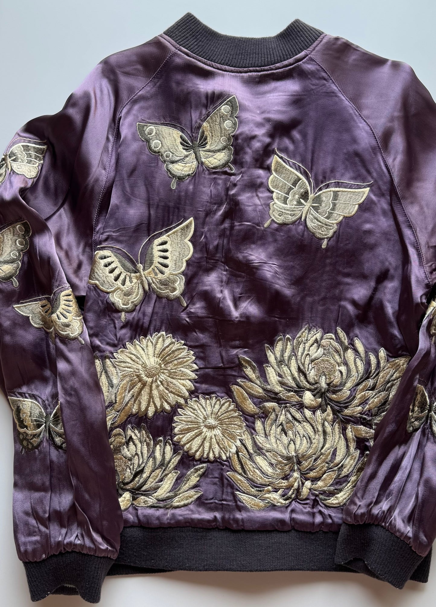 Reversible Butterfly Chrysanthemum Sukajan Jacket Size M Japanese Embroidered Satin Souvenir Bomber Mint Green Purple