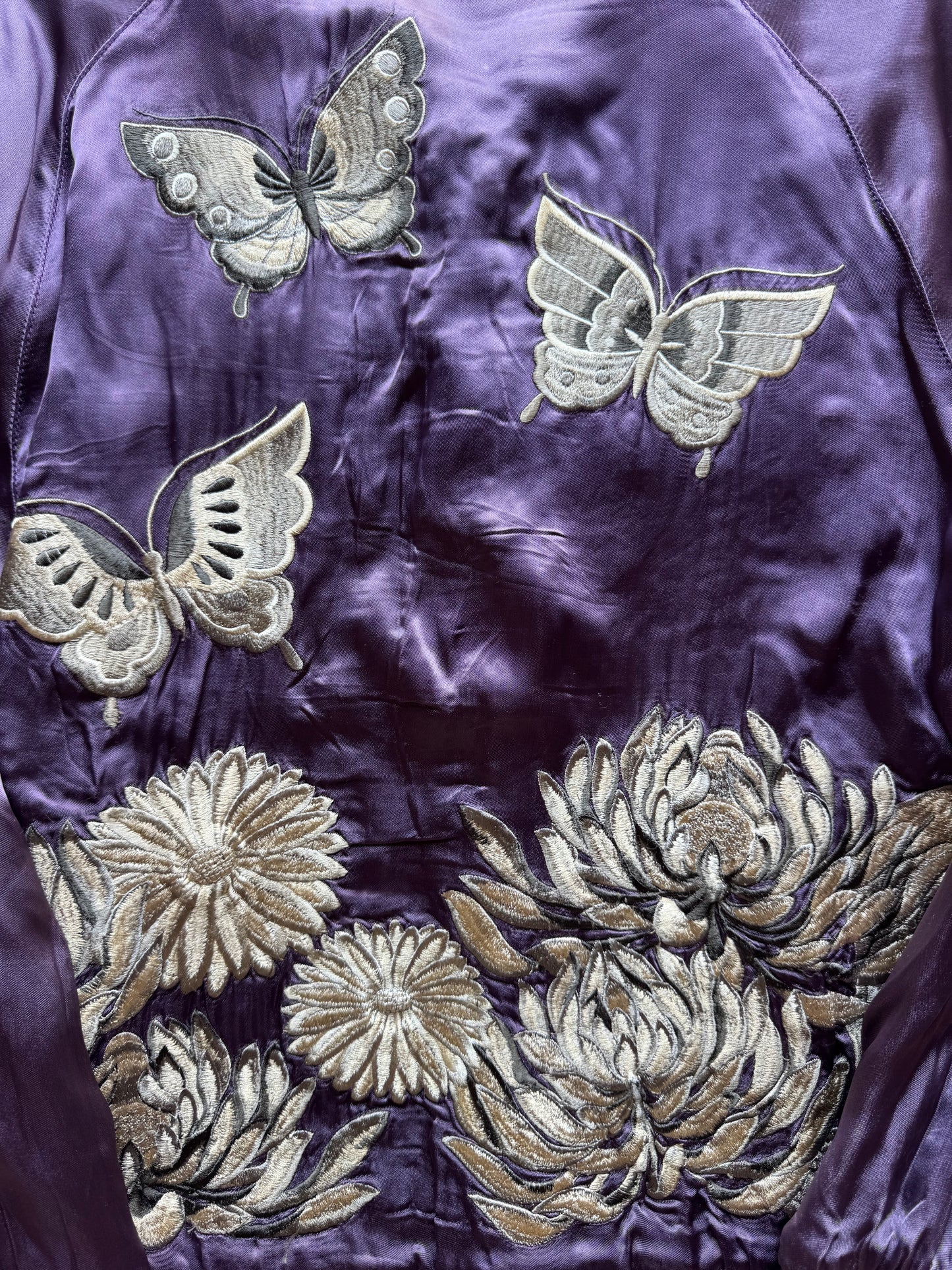 Reversible Butterfly Chrysanthemum Sukajan Jacket Size M Japanese Embroidered Satin Souvenir Bomber Mint Green Purple