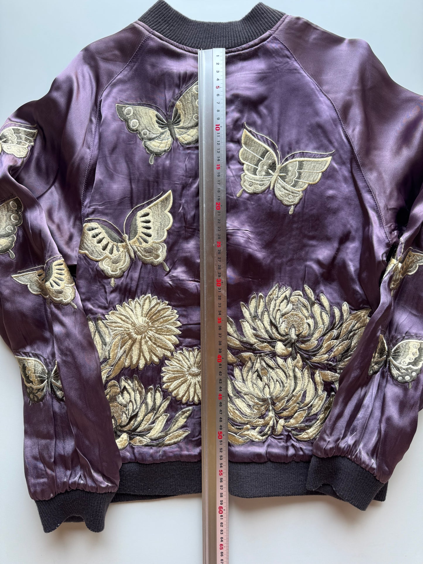Reversible Butterfly Chrysanthemum Sukajan Jacket Size M Japanese Embroidered Satin Souvenir Bomber Mint Green Purple