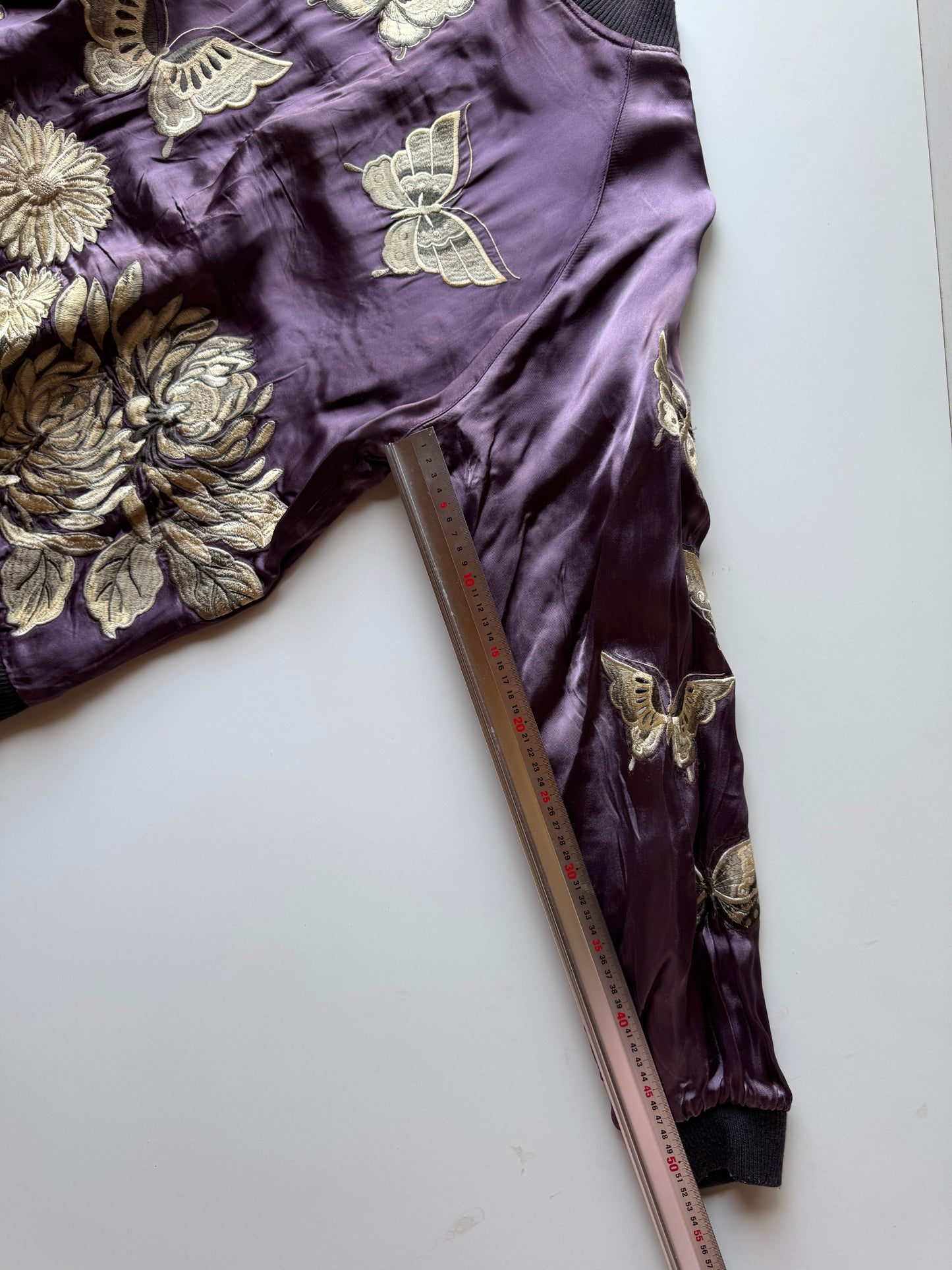 Reversible Butterfly Chrysanthemum Sukajan Jacket Size M Japanese Embroidered Satin Souvenir Bomber Mint Green Purple