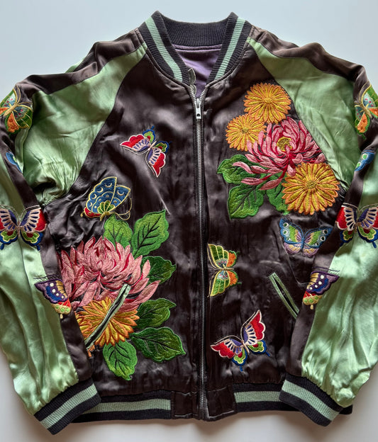 Reversible Butterfly Chrysanthemum Sukajan Jacket Size M Japanese Embroidered Satin Souvenir Bomber Mint Green Purple