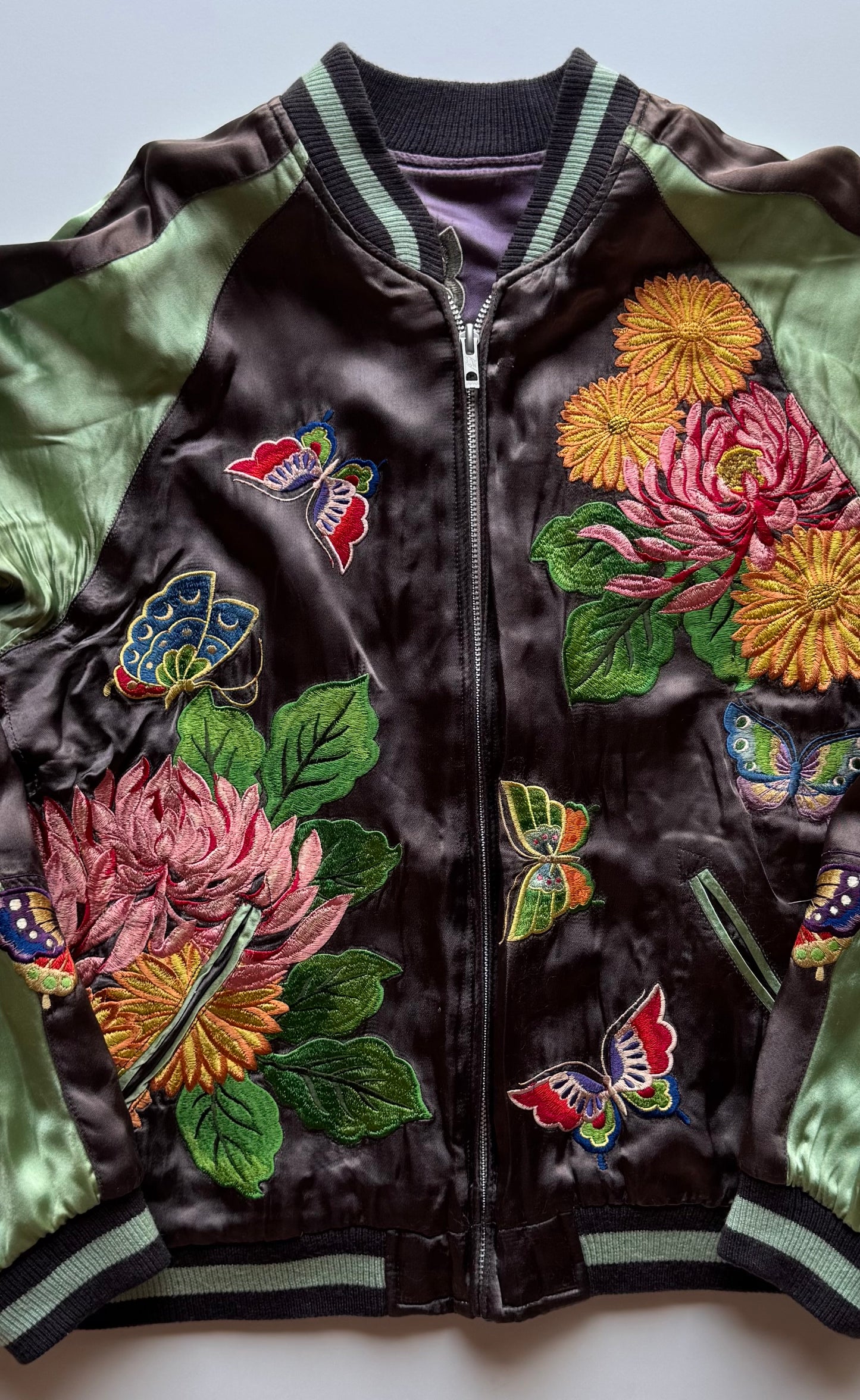 Reversible Butterfly Chrysanthemum Sukajan Jacket Size M Japanese Embroidered Satin Souvenir Bomber Mint Green Purple