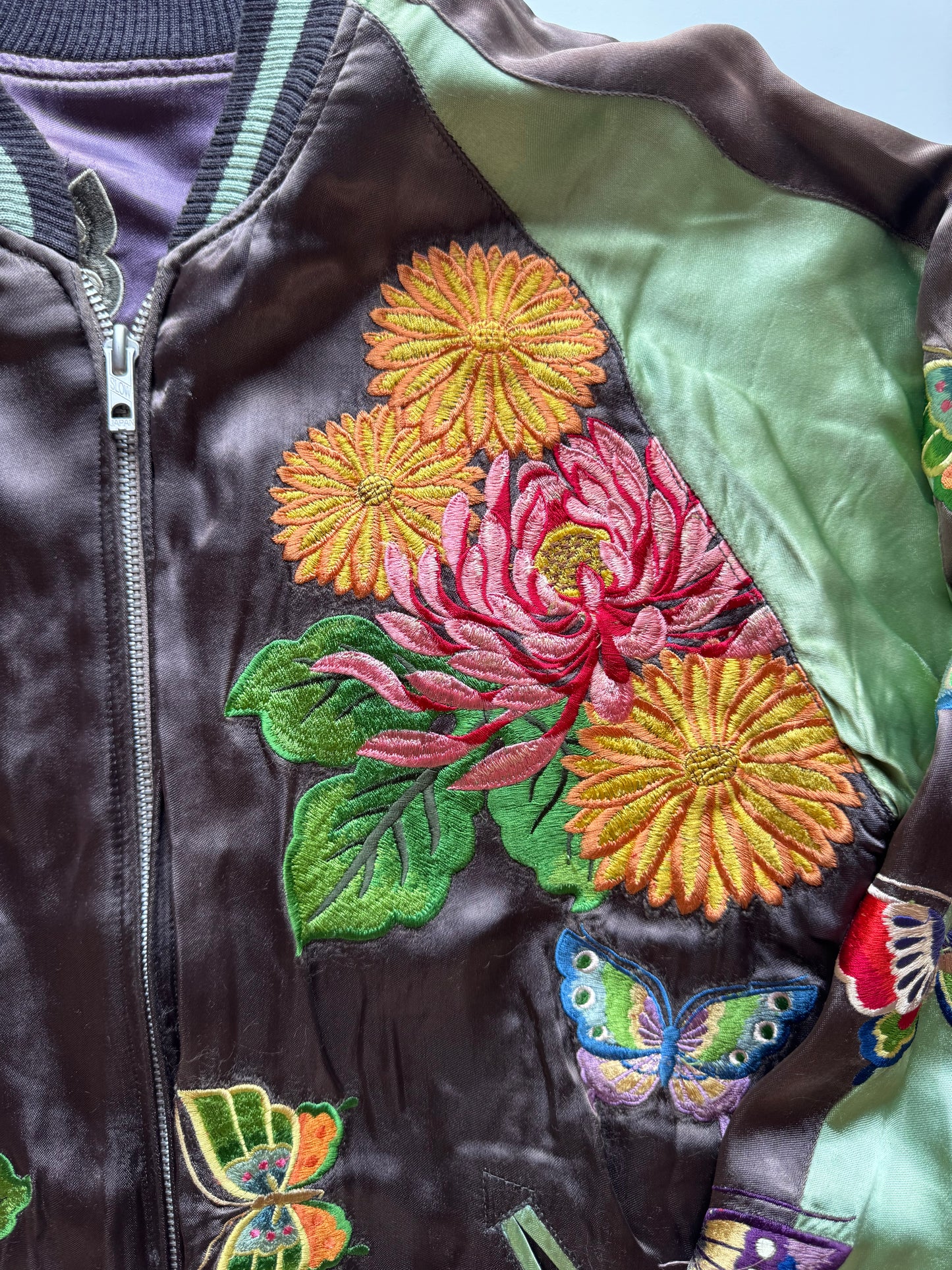 Reversible Butterfly Chrysanthemum Sukajan Jacket Size M Japanese Embroidered Satin Souvenir Bomber Mint Green Purple