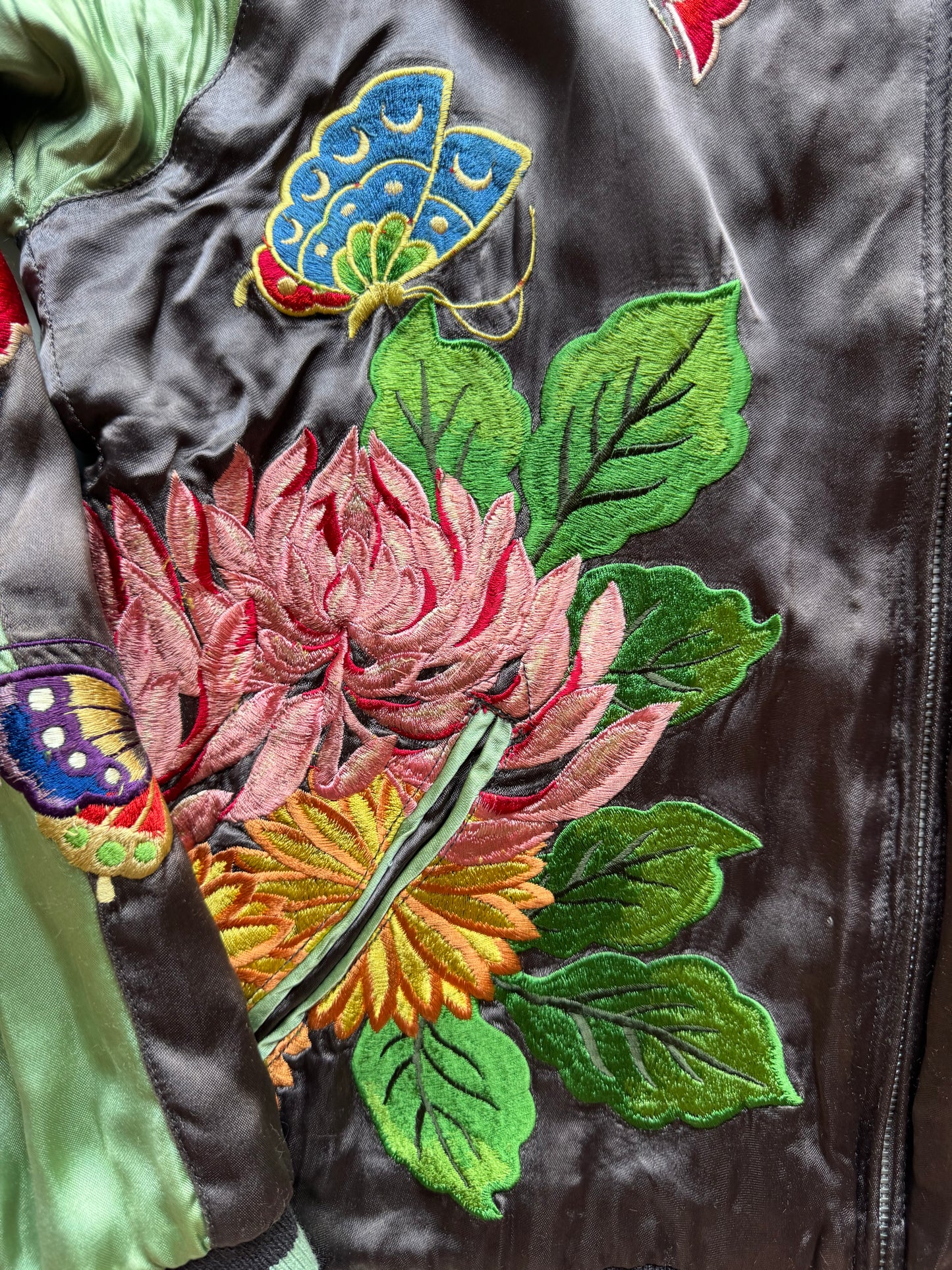Reversible Butterfly Chrysanthemum Sukajan Jacket Size M Japanese Embroidered Satin Souvenir Bomber Mint Green Purple