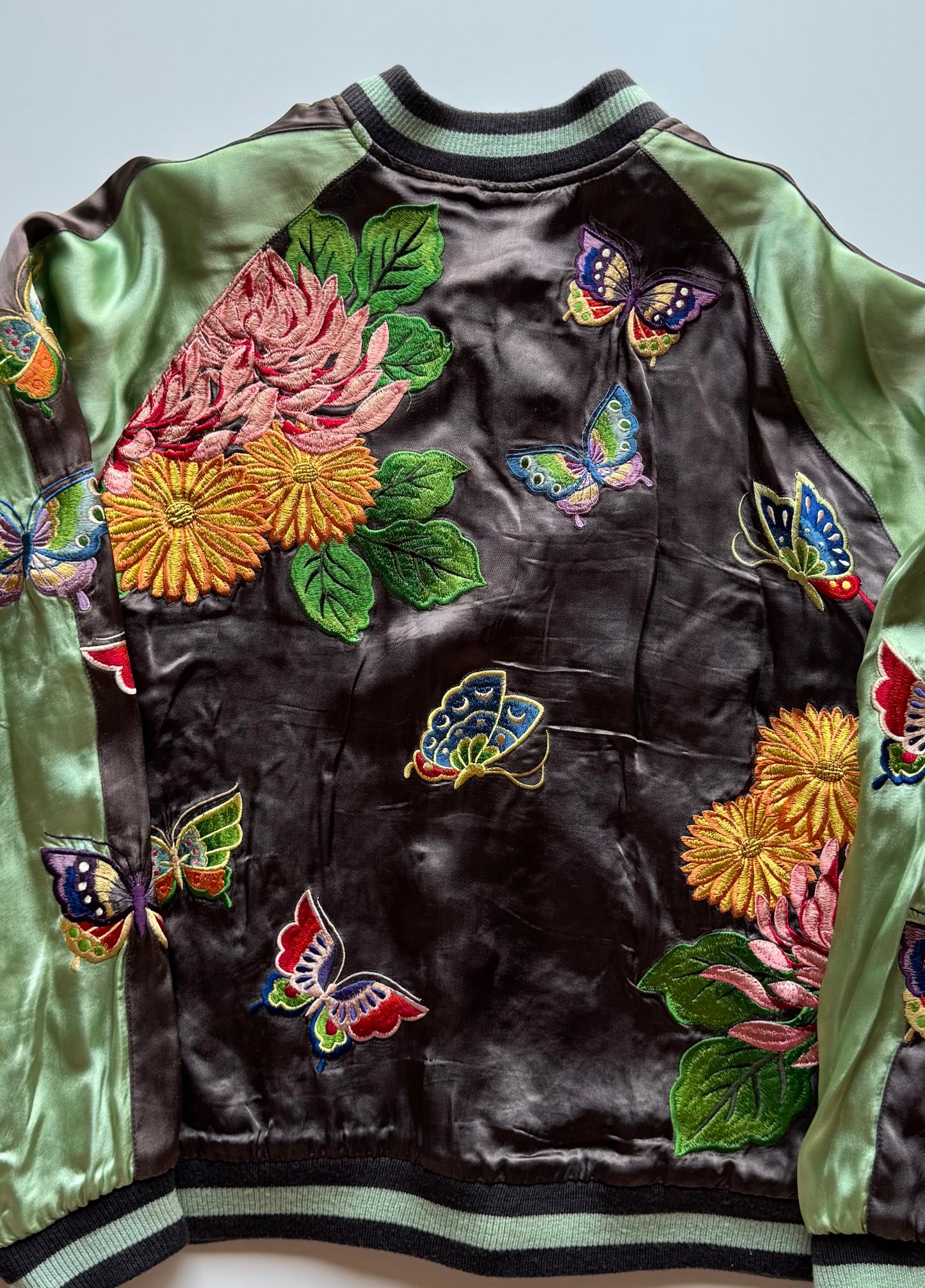 Reversible Butterfly Chrysanthemum Sukajan Jacket Size M Japanese Embroidered Satin Souvenir Bomber Mint Green Purple