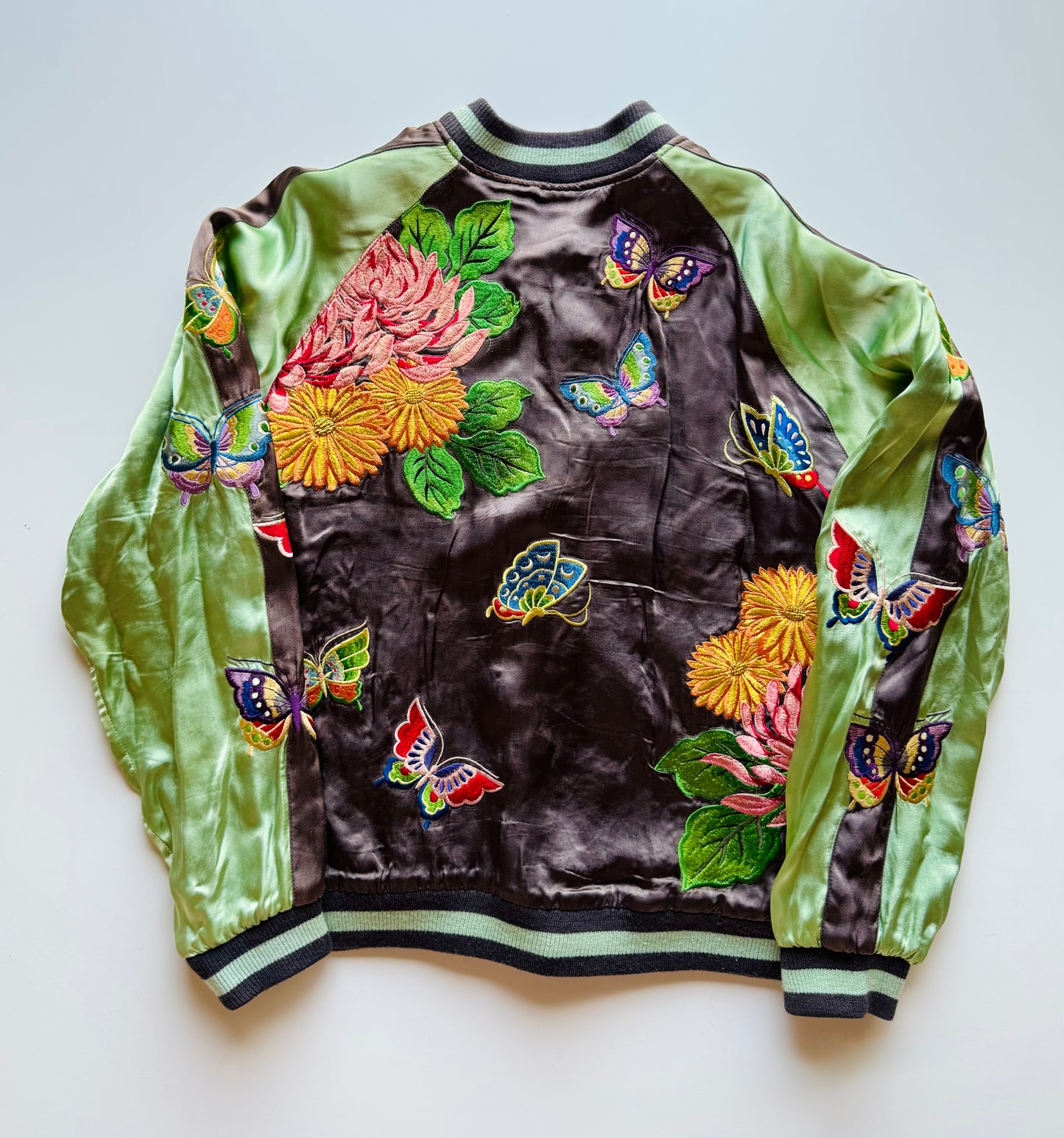 Reversible Butterfly Chrysanthemum Sukajan Jacket Size M Japanese Embroidered Satin Souvenir Bomber Mint Green Purple