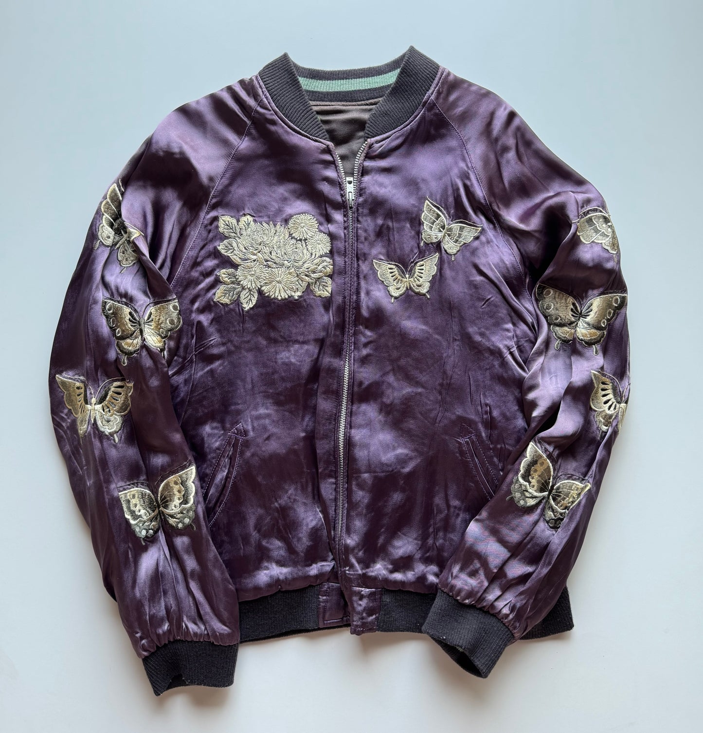 Reversible Butterfly Chrysanthemum Sukajan Jacket Size M Japanese Embroidered Satin Souvenir Bomber Mint Green Purple