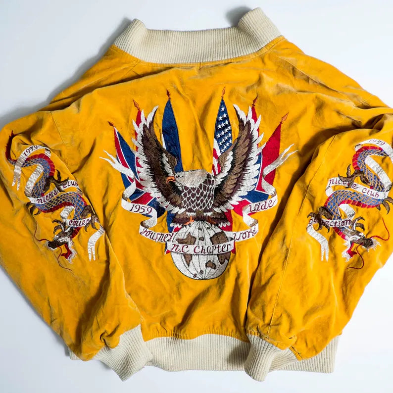 GORGEOUS Vintage Blue Yellow Sukajan Jacket Biker Embroidery | Eagle, Dragon, Angel & Tiger Tattoo Art Reversible Souvenir Bomber Jacket