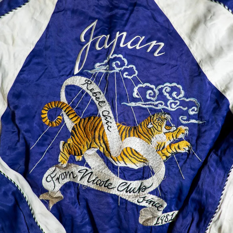 GORGEOUS Vintage Blue Yellow Sukajan Jacket Biker Embroidery | Eagle, Dragon, Angel & Tiger Tattoo Art Reversible Souvenir Bomber Jacket
