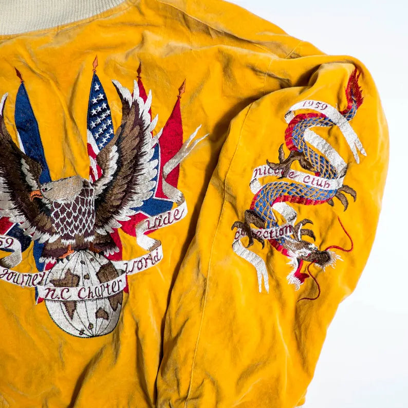 GORGEOUS Vintage Blue Yellow Sukajan Jacket Biker Embroidery | Eagle, Dragon, Angel & Tiger Tattoo Art Reversible Souvenir Bomber Jacket
