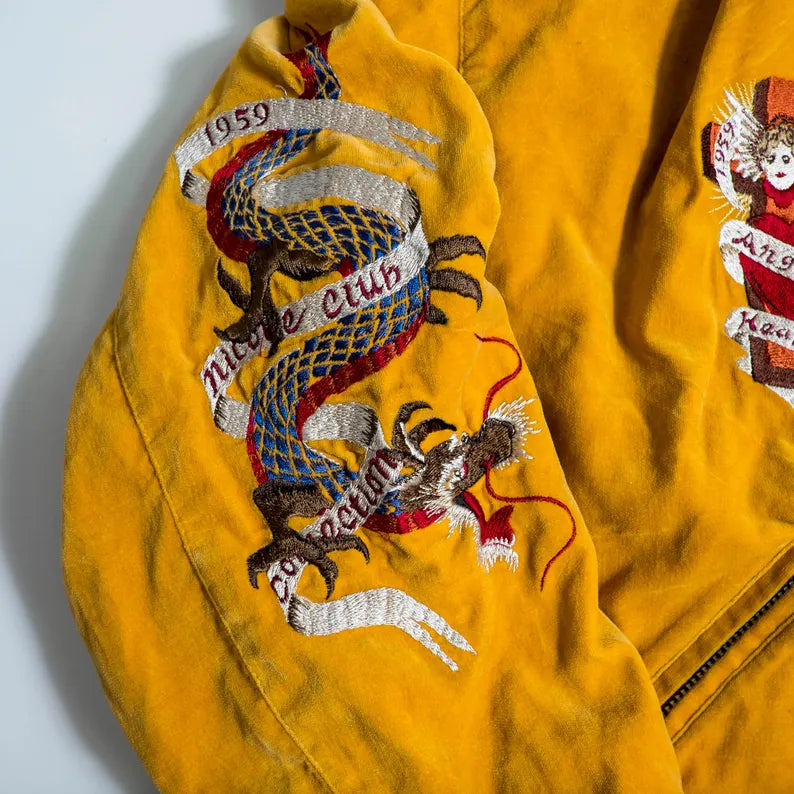 GORGEOUS Vintage Blue Yellow Sukajan Jacket Biker Embroidery | Eagle, Dragon, Angel & Tiger Tattoo Art Reversible Souvenir Bomber Jacket