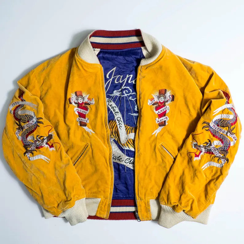 GORGEOUS Vintage Blue Yellow Sukajan Jacket Biker Embroidery | Eagle, Dragon, Angel & Tiger Tattoo Art Reversible Souvenir Bomber Jacket