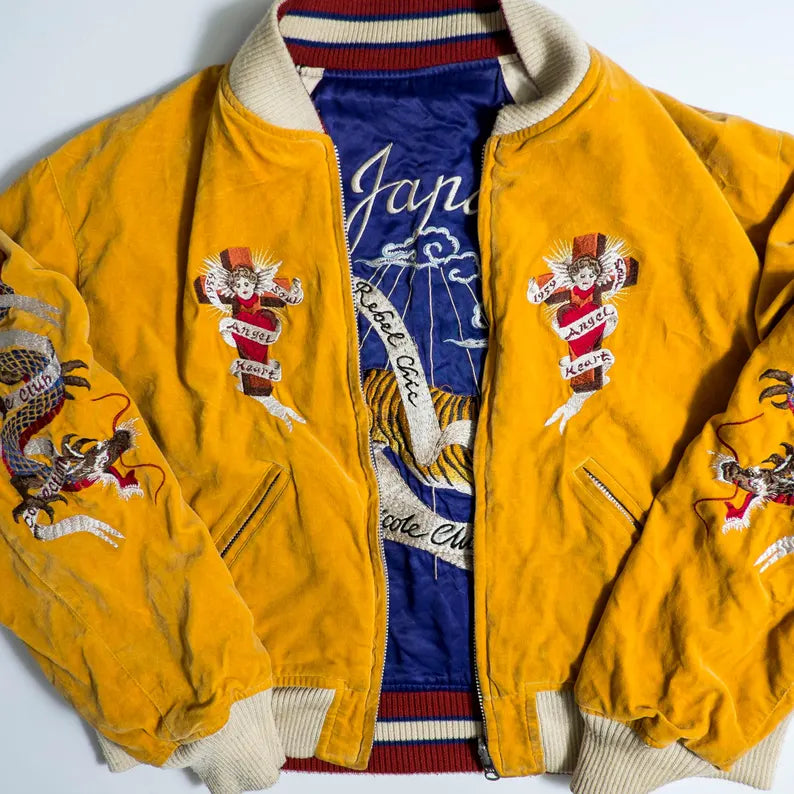 GORGEOUS Vintage Blue Yellow Sukajan Jacket Biker Embroidery | Eagle, Dragon, Angel & Tiger Tattoo Art Reversible Souvenir Bomber Jacket