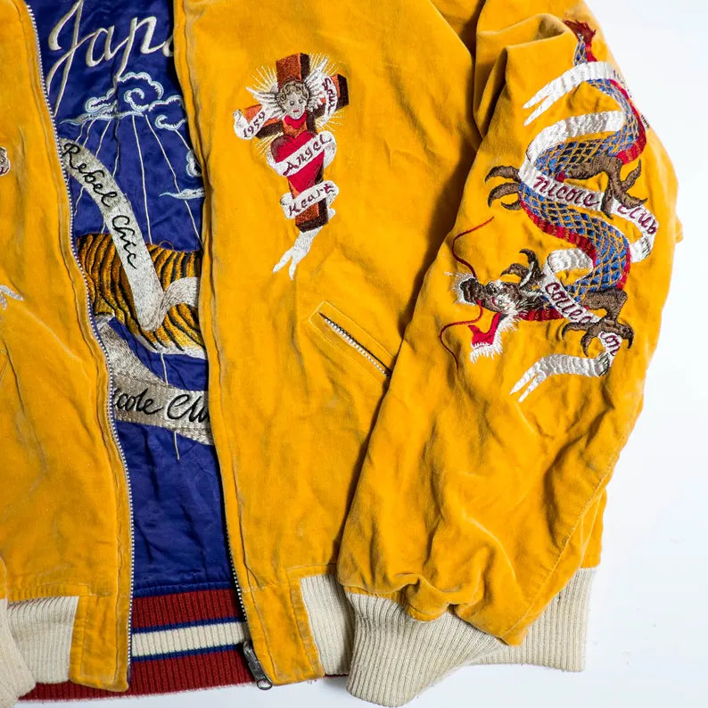 GORGEOUS Vintage Blue Yellow Sukajan Jacket Biker Embroidery | Eagle, Dragon, Angel & Tiger Tattoo Art Reversible Souvenir Bomber Jacket